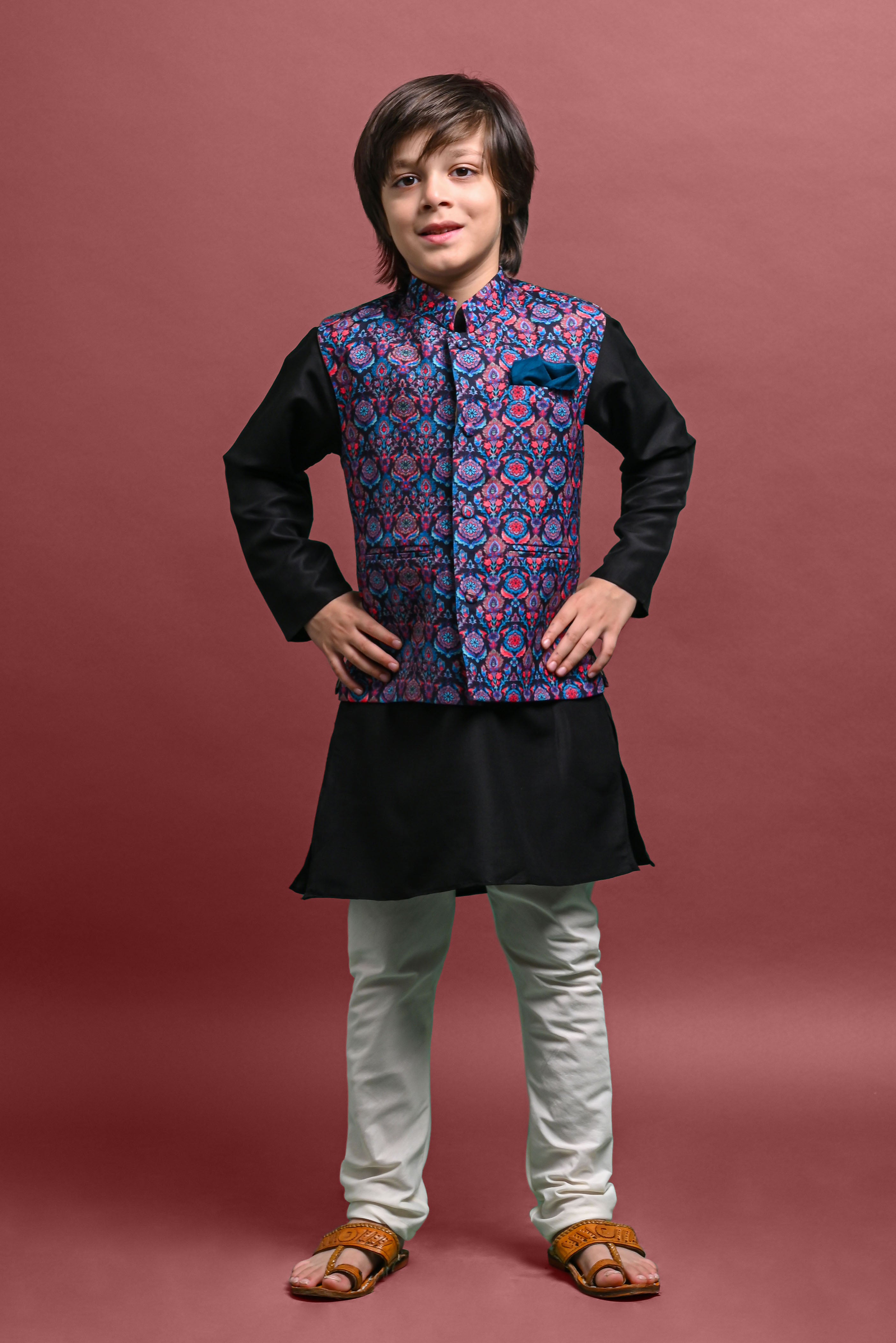 Black Kurta Pajama with Jacket Set For Boys – Vesham