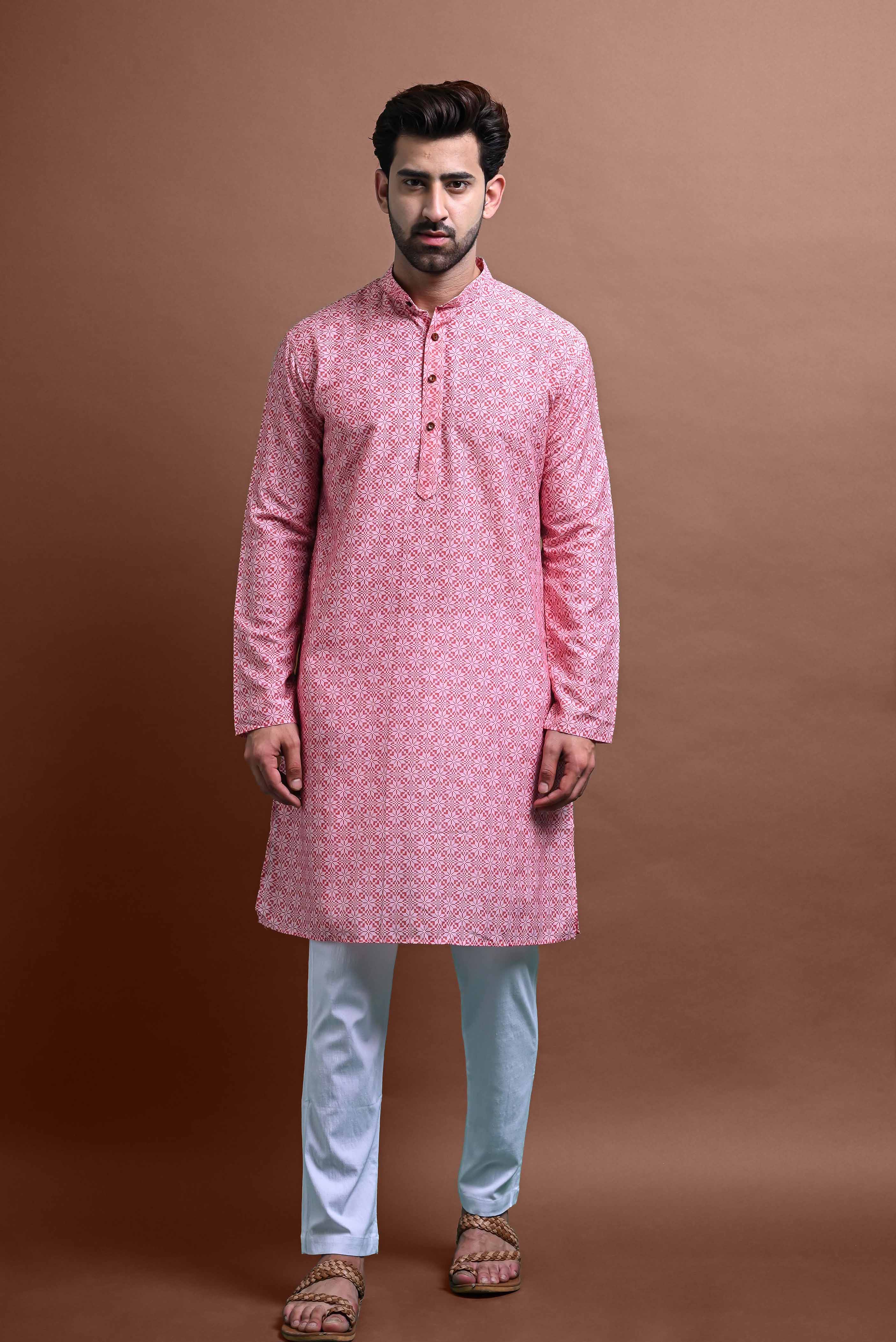 Aqua Printed Cotton Blend Kurta With Pajama Set – Vesham