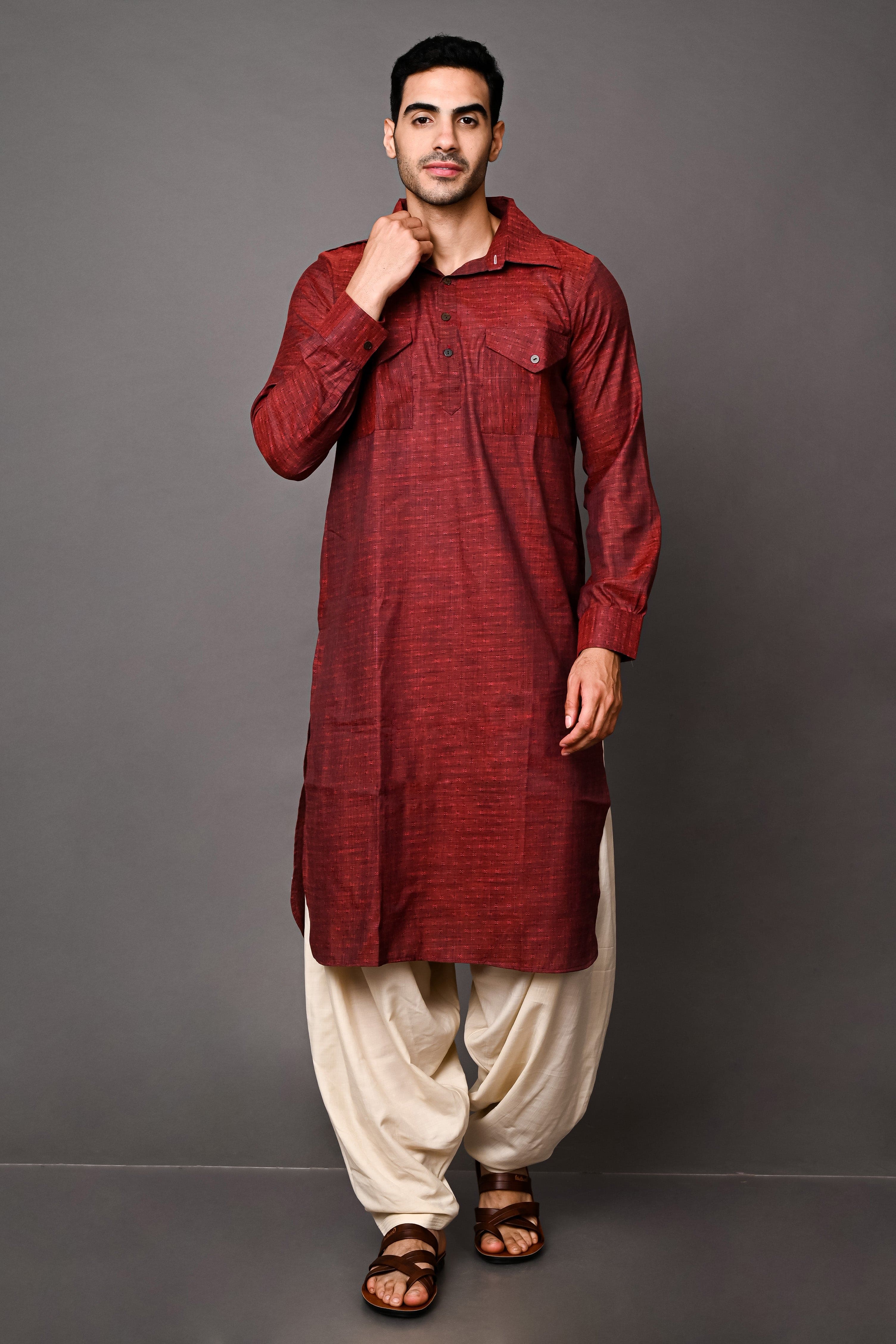 Cotton Blend Maroon Pathani Patiyala Set Vesham