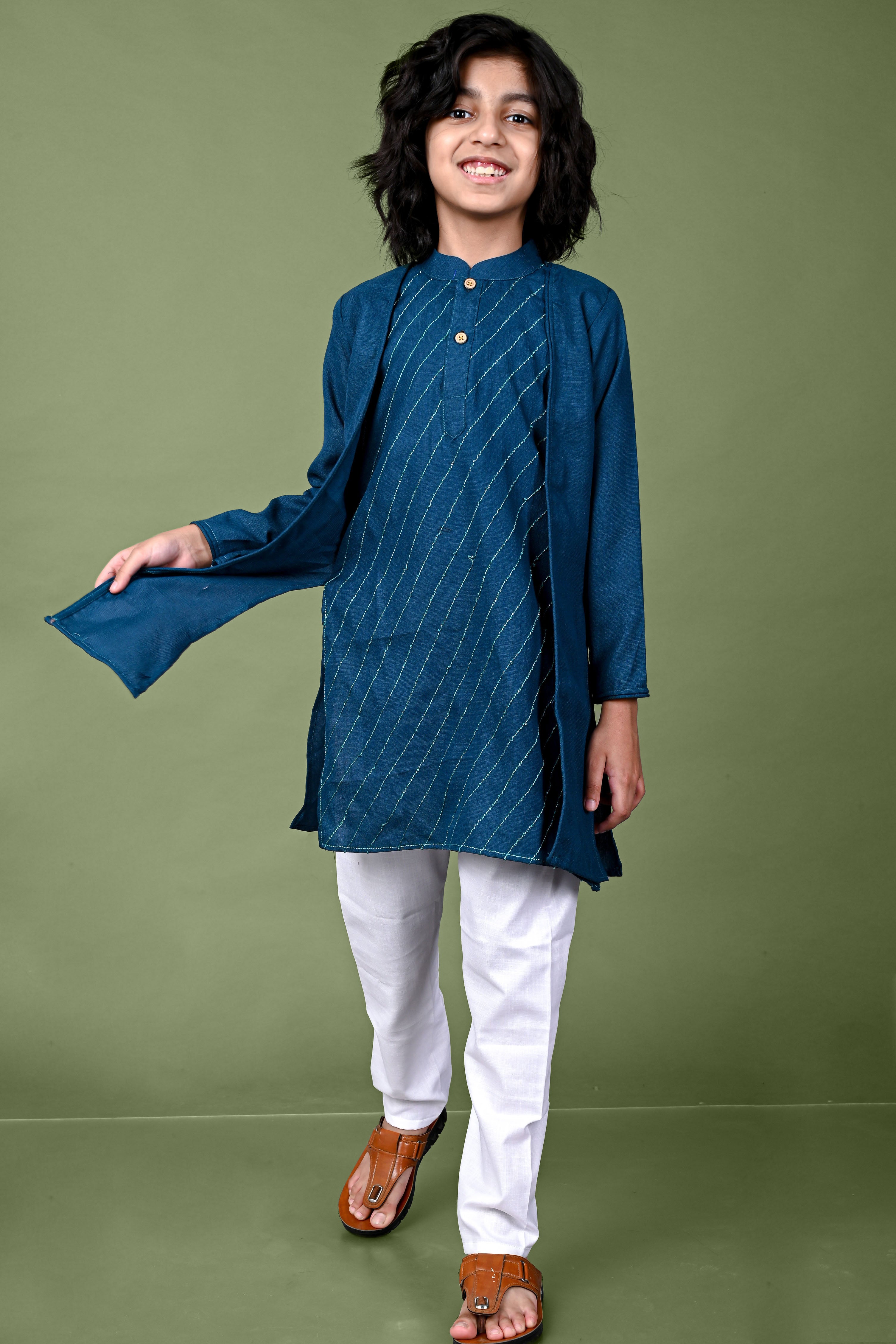 Jacket Design Teal Blue Kurta Pajama Set Vesham Retails