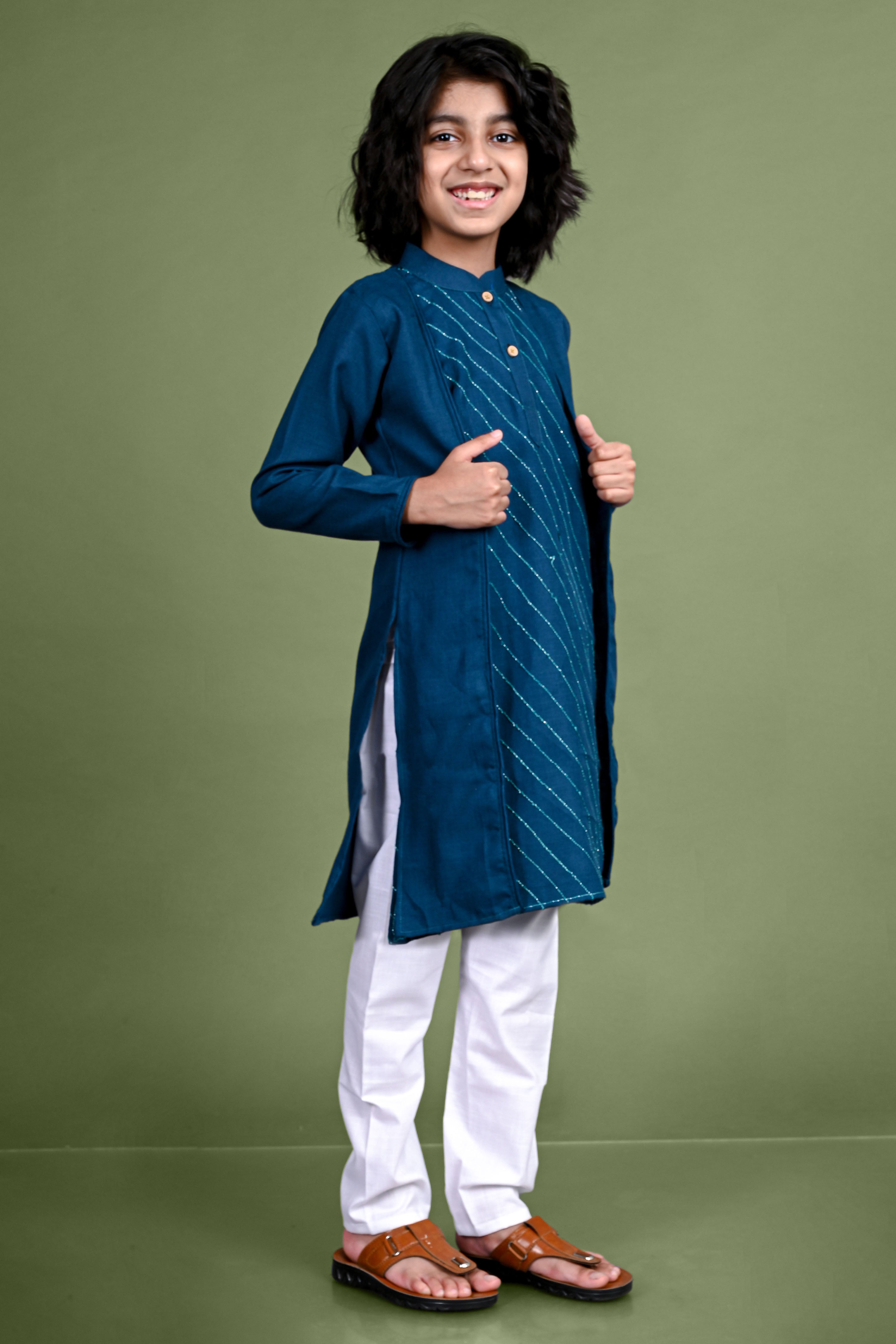 Jacket Design Teal Blue Kurta Pajama Set Vesham Retails