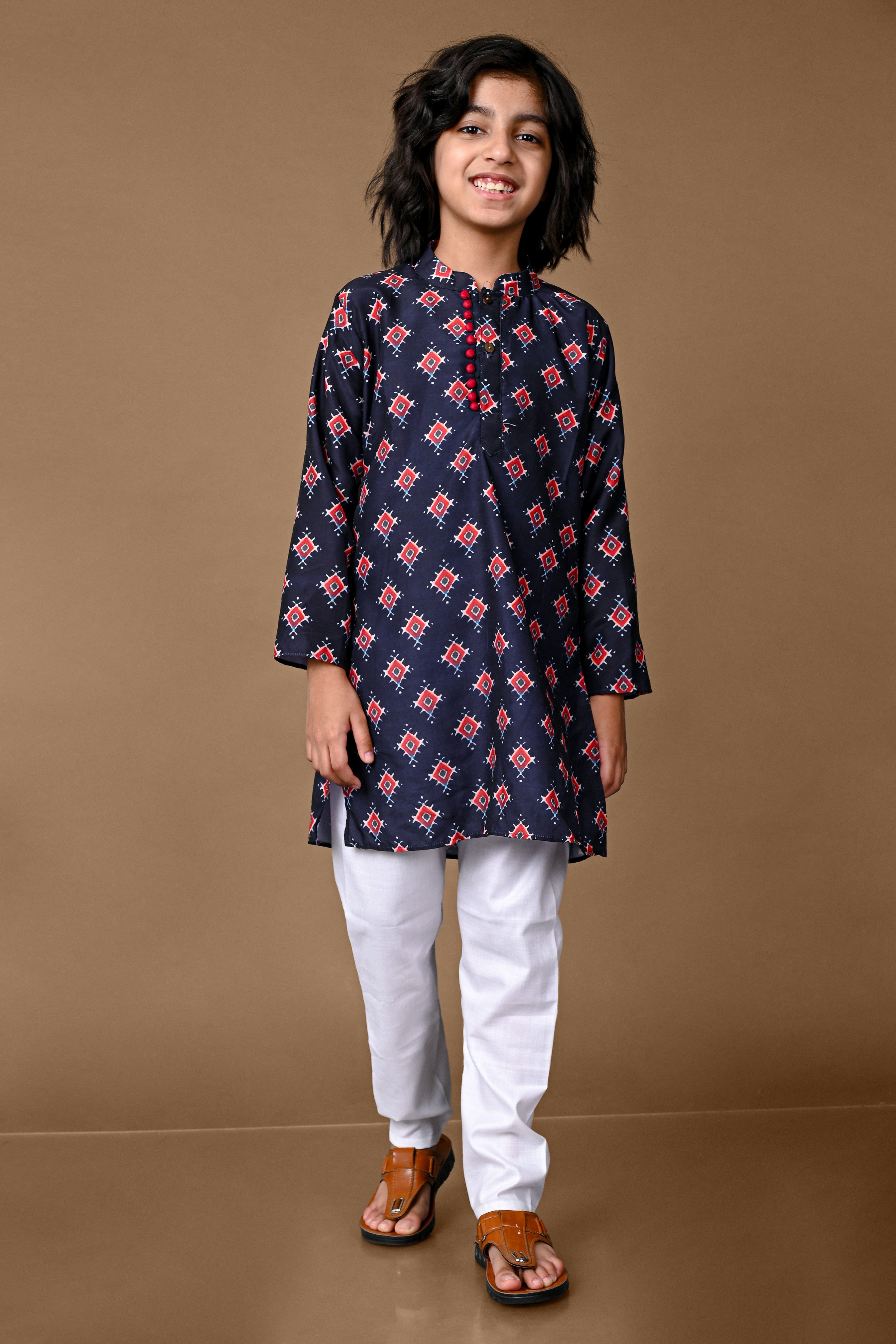 Blue Printed Cotton Blend Boys Kurta Pajama Set Vesham Retails