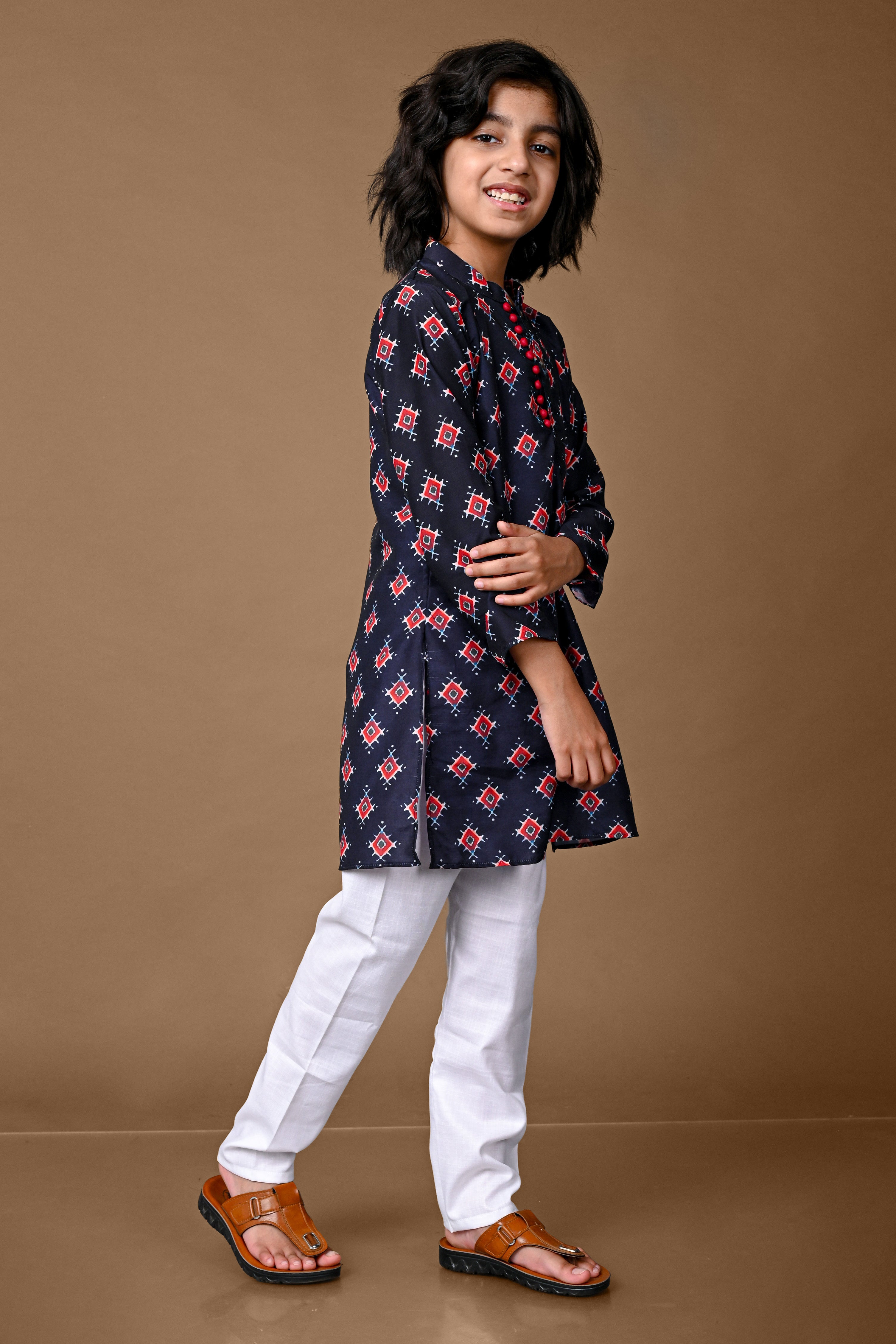 Blue Printed Cotton Blend Boys Kurta Pajama Set Vesham Retails