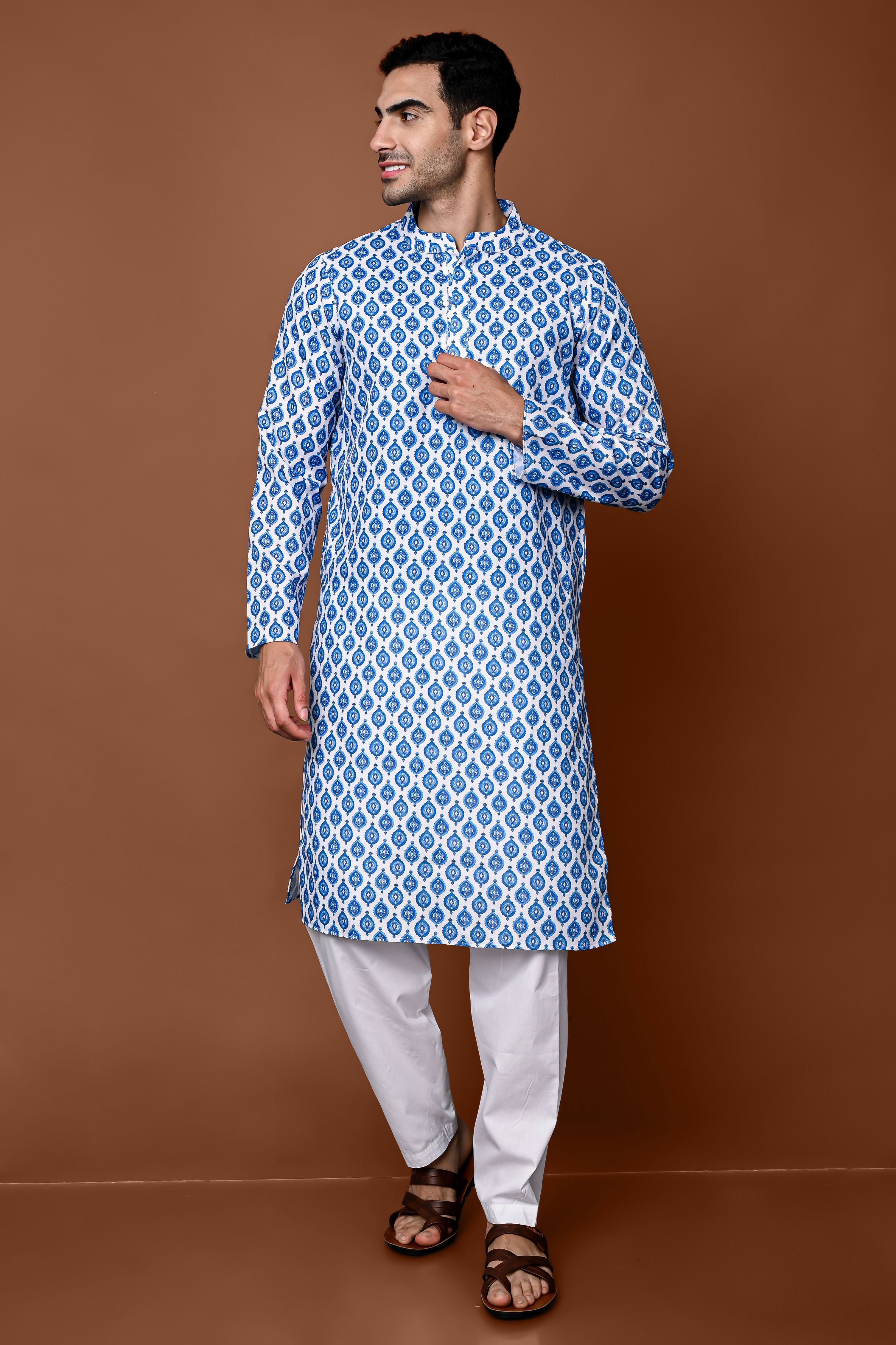 Blue Printed Cotton Blend Mens Kurta Pajama Set Vesham Retails