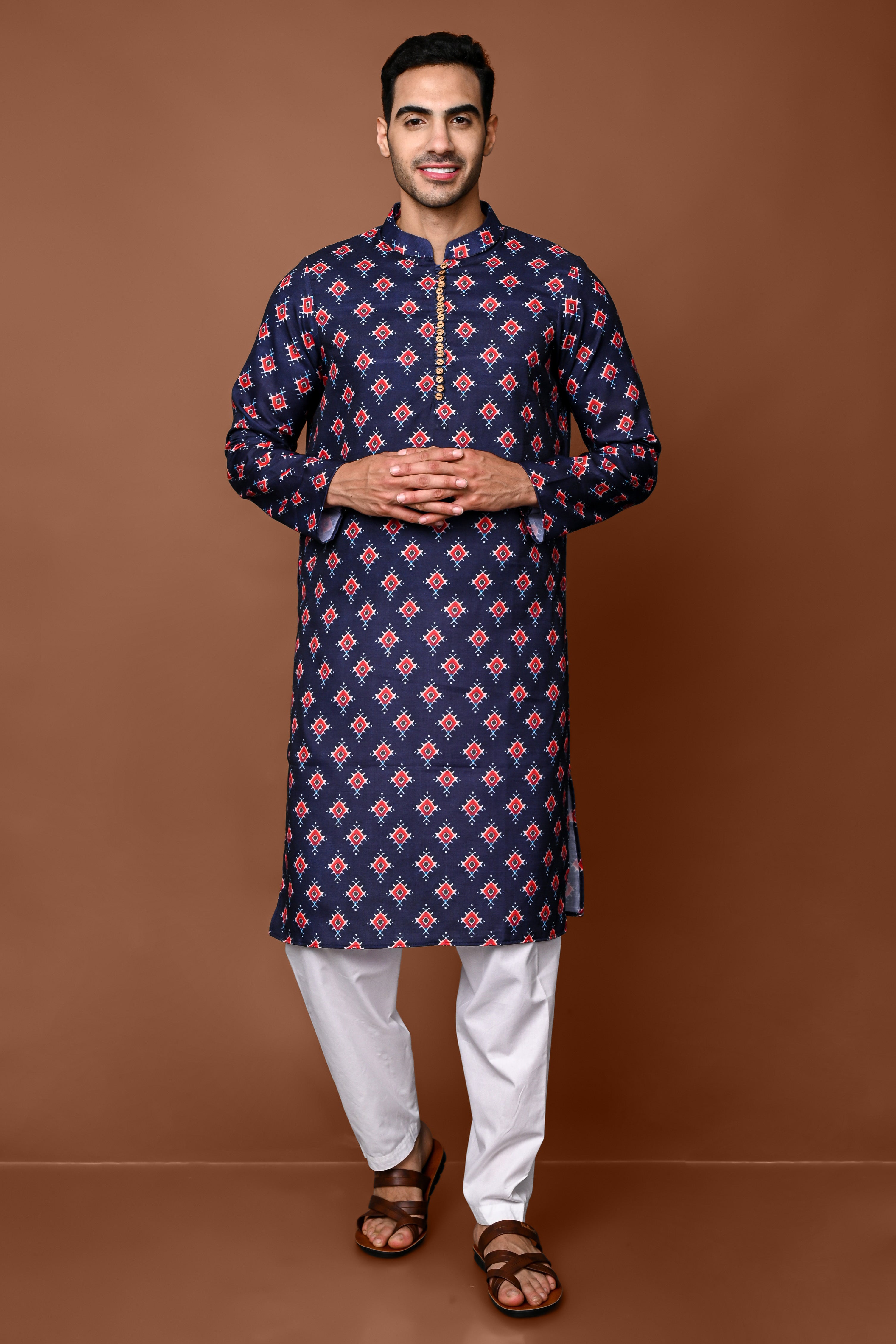 Blue Printed Cotton Blend Kurta Pajama Set Vesham Retails