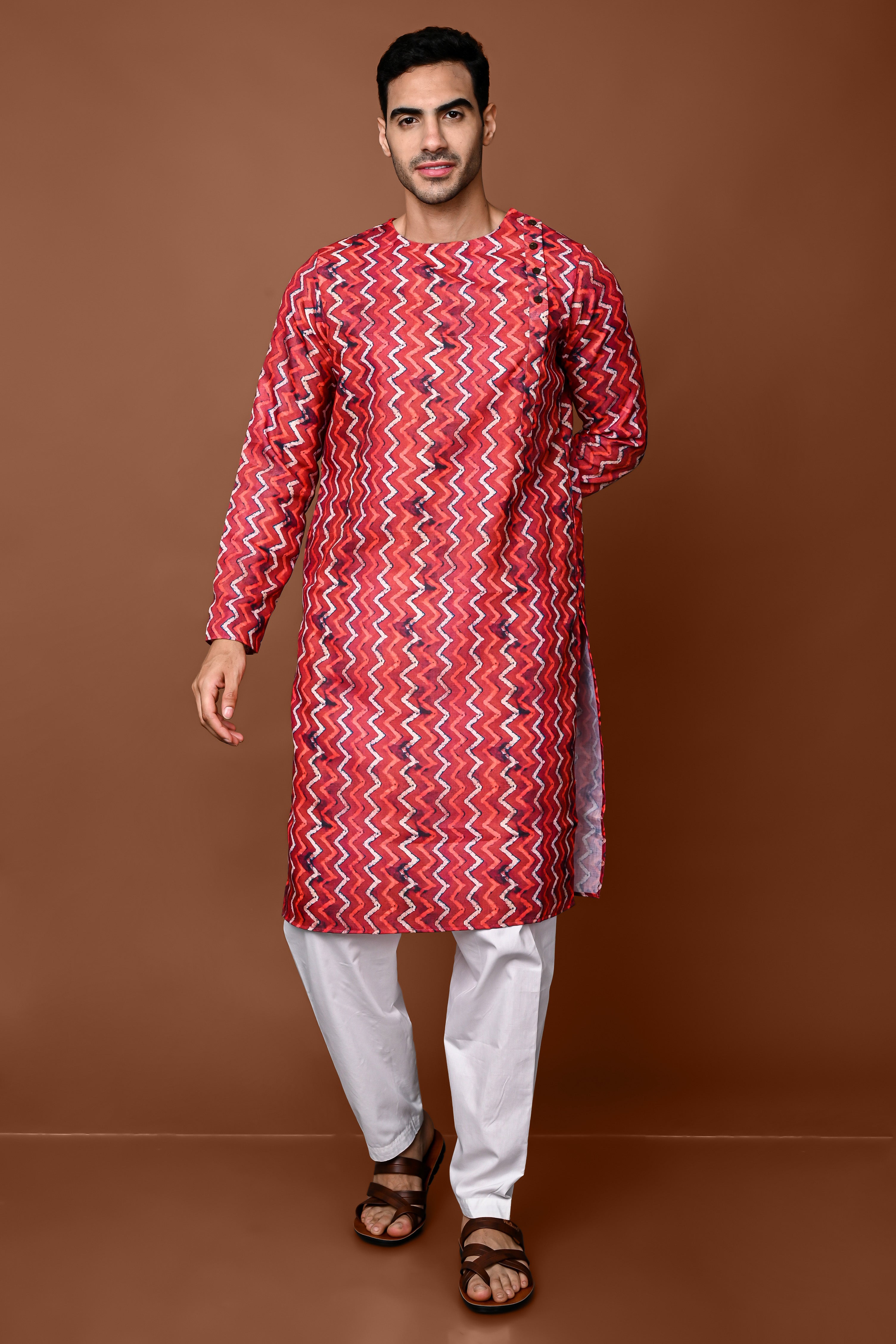 Maroon Chevron Printed Angrakha Kurta And Pajama Set For Men Vesham Retails