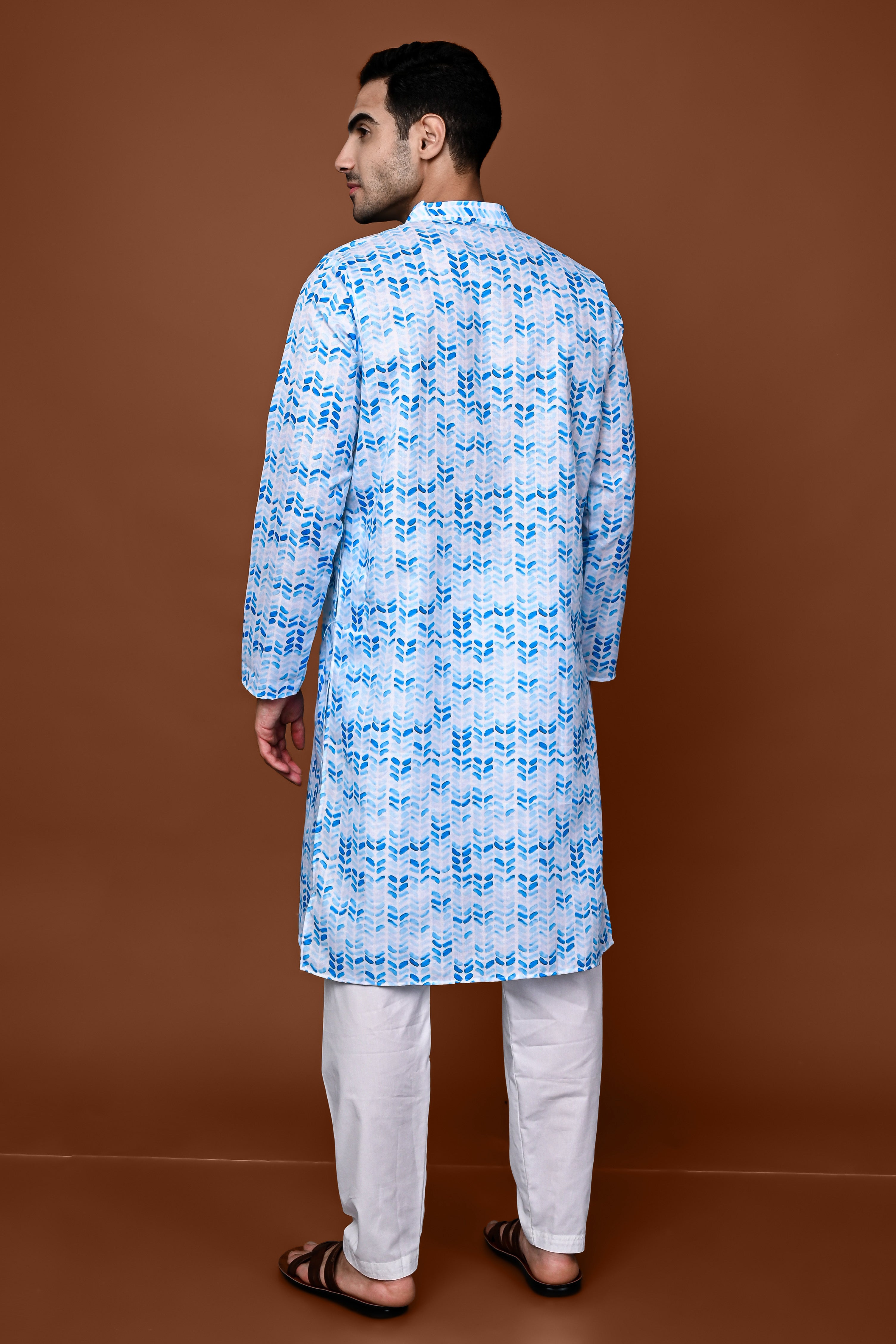 Blue Printed Cotton Blend Mens Kurta Pajama Set Vesham Retails