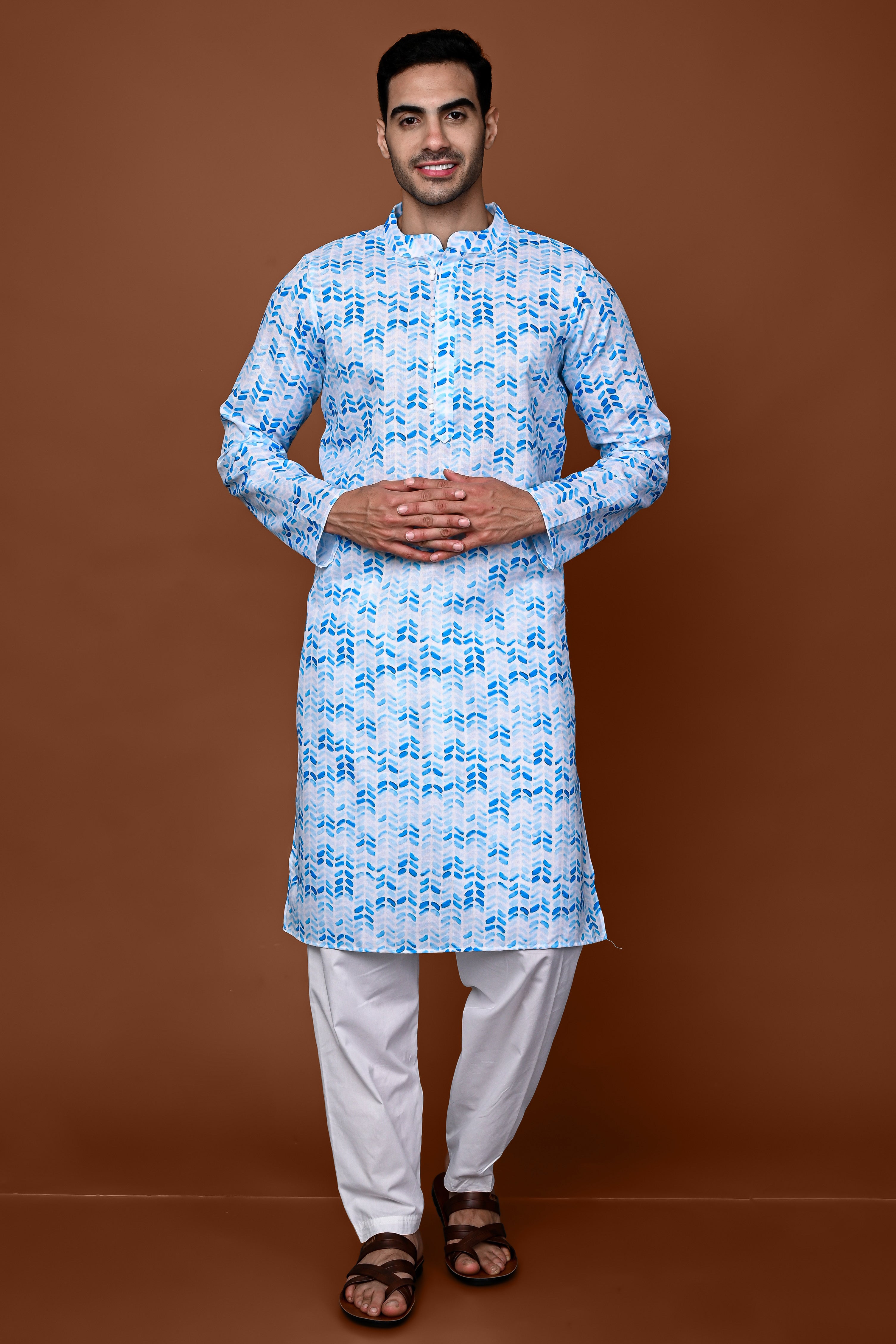 Blue Printed Cotton Blend Mens Kurta Pajama Set Vesham Retails