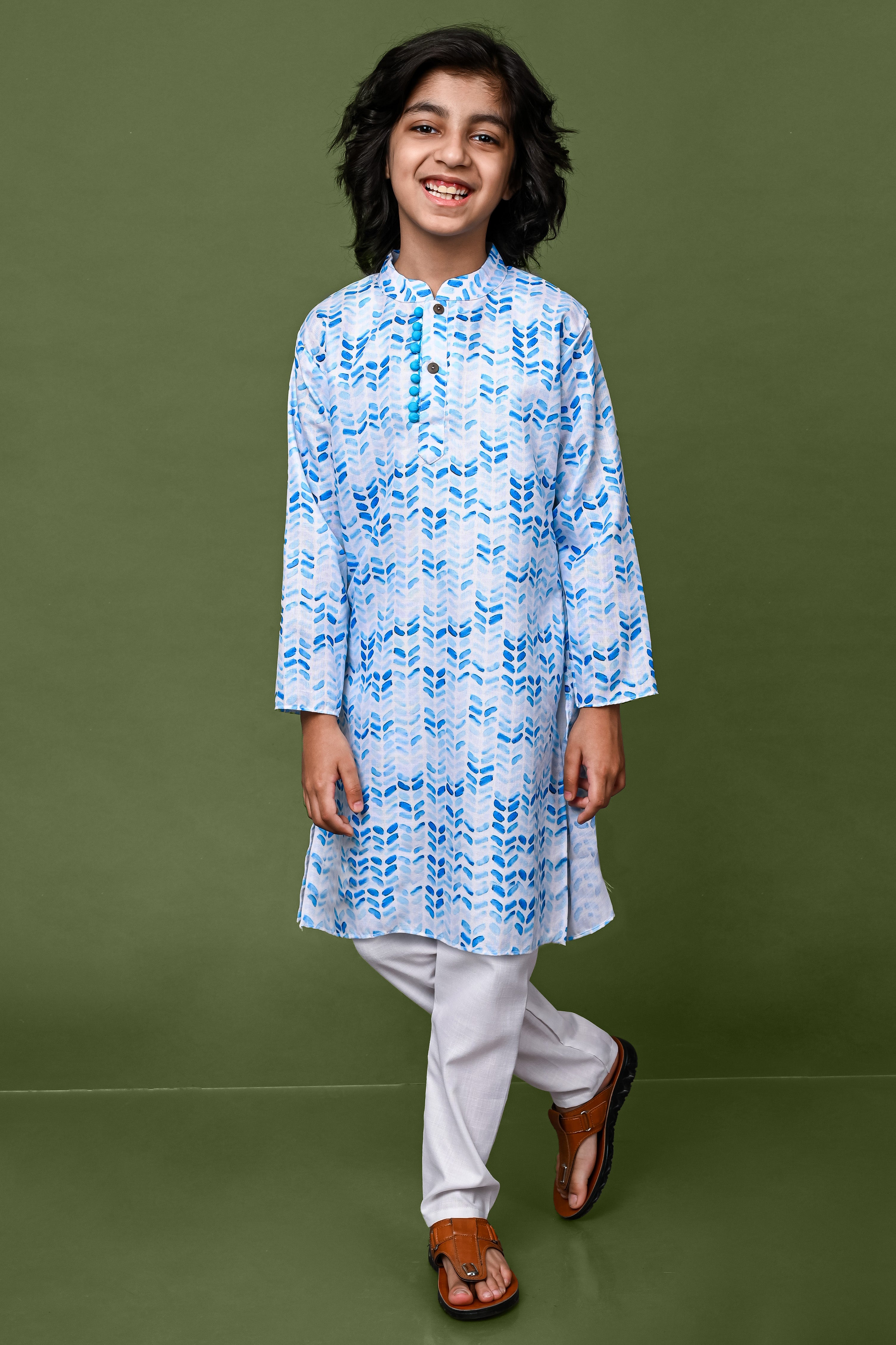 Blue Printed Cotton Blend Boys Kurta Pajama Set Vesham Retails