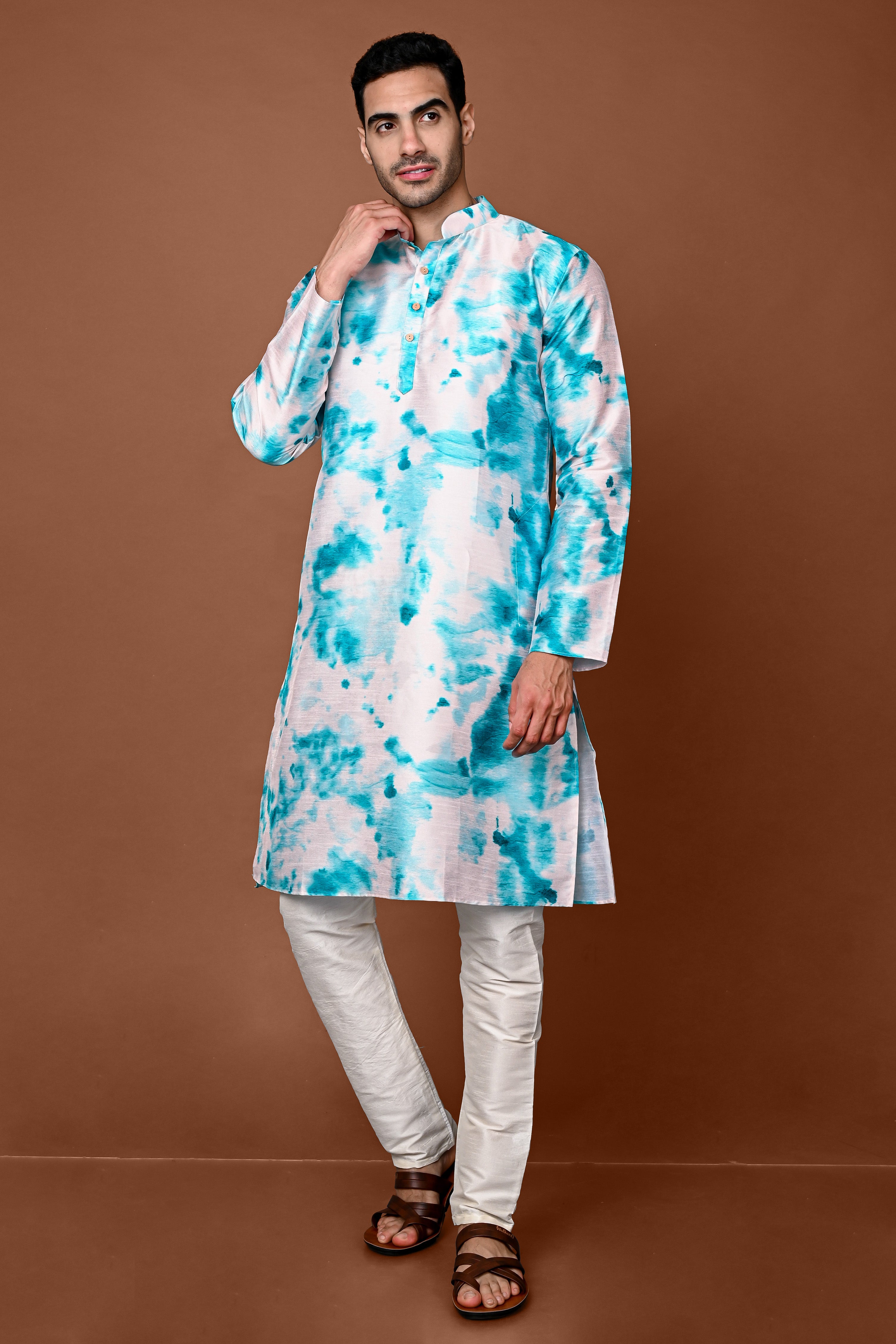 White And Aqua Printed Cotton Silk Mens Kurta Pajama Set Vesham Retails