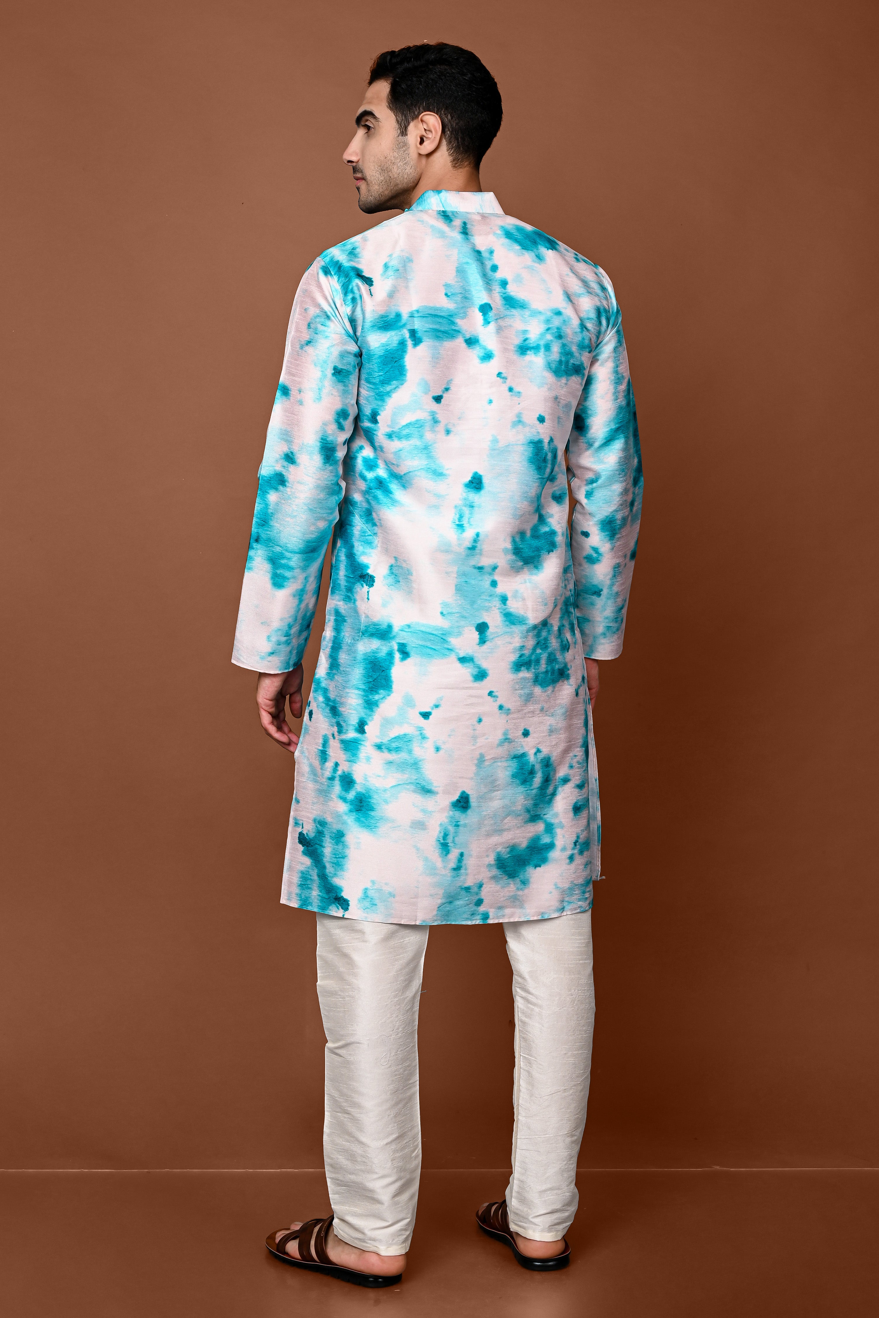 White And Aqua Printed Cotton Silk Mens Kurta Pajama Set Vesham Retails