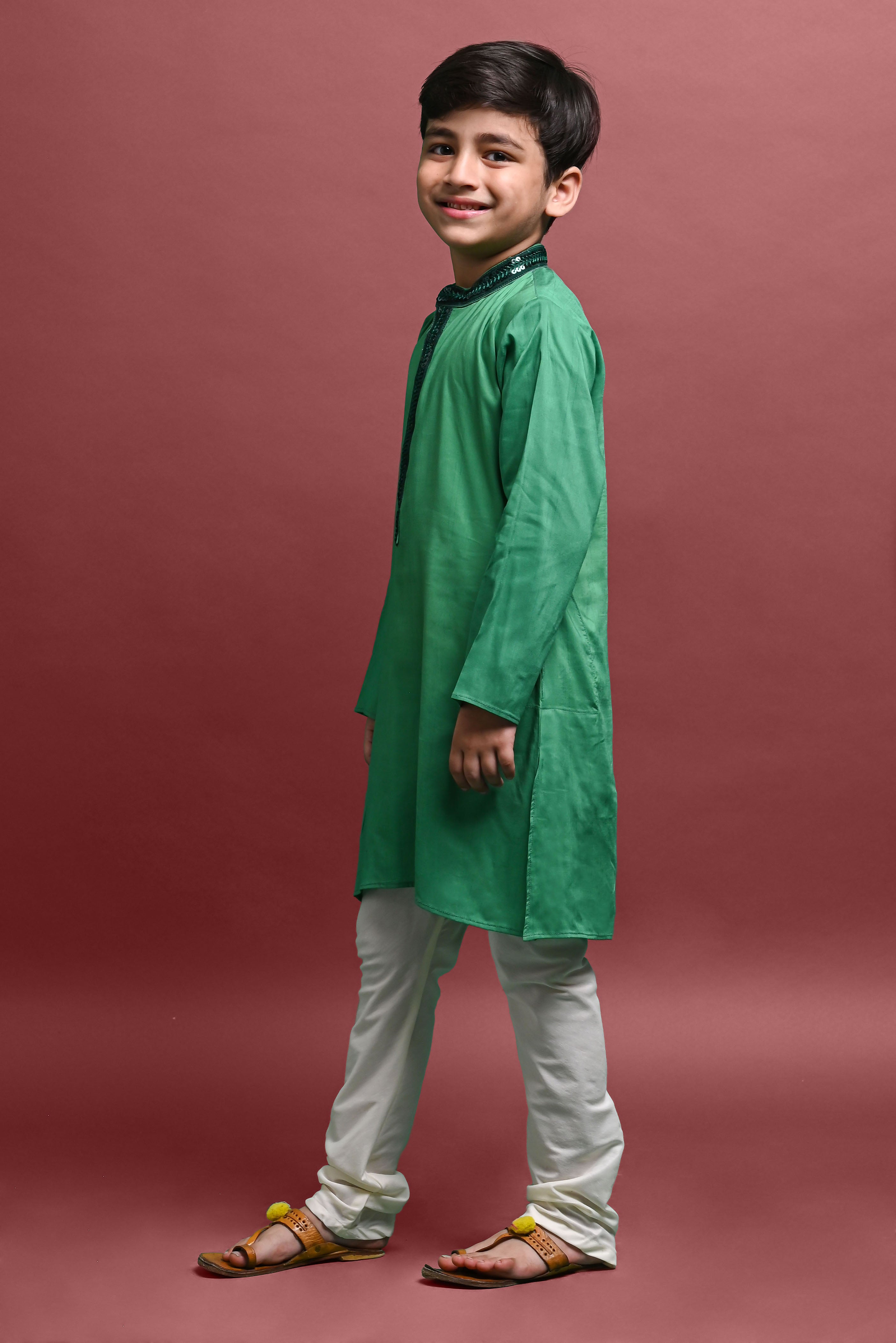 Green Emblished Kurta With Pajama Set for kids Vesham Retails