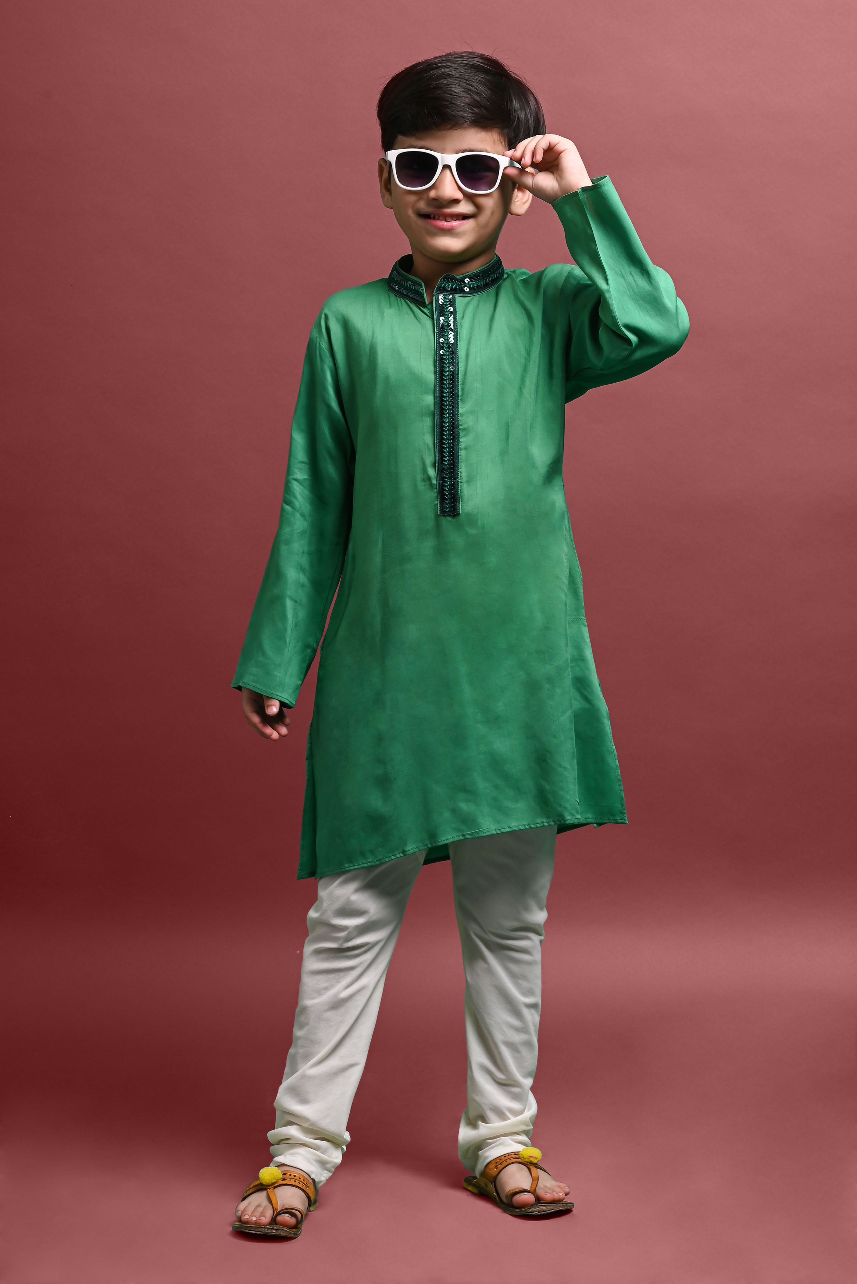 Green Emblished Kurta With Pajama Set for kids Vesham Retails