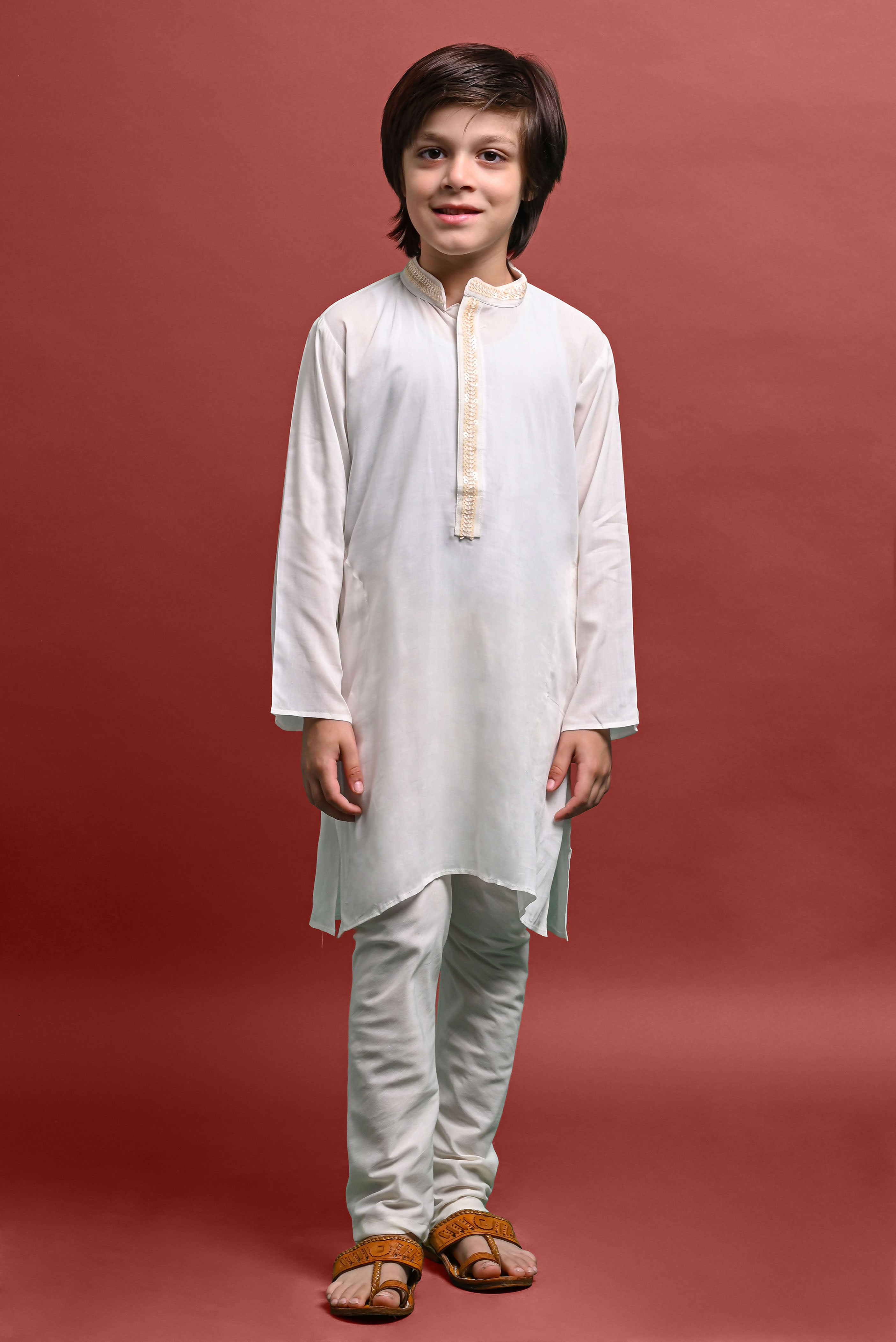 White Emblished Kurta With Pajama Set for kids Vesham Retails