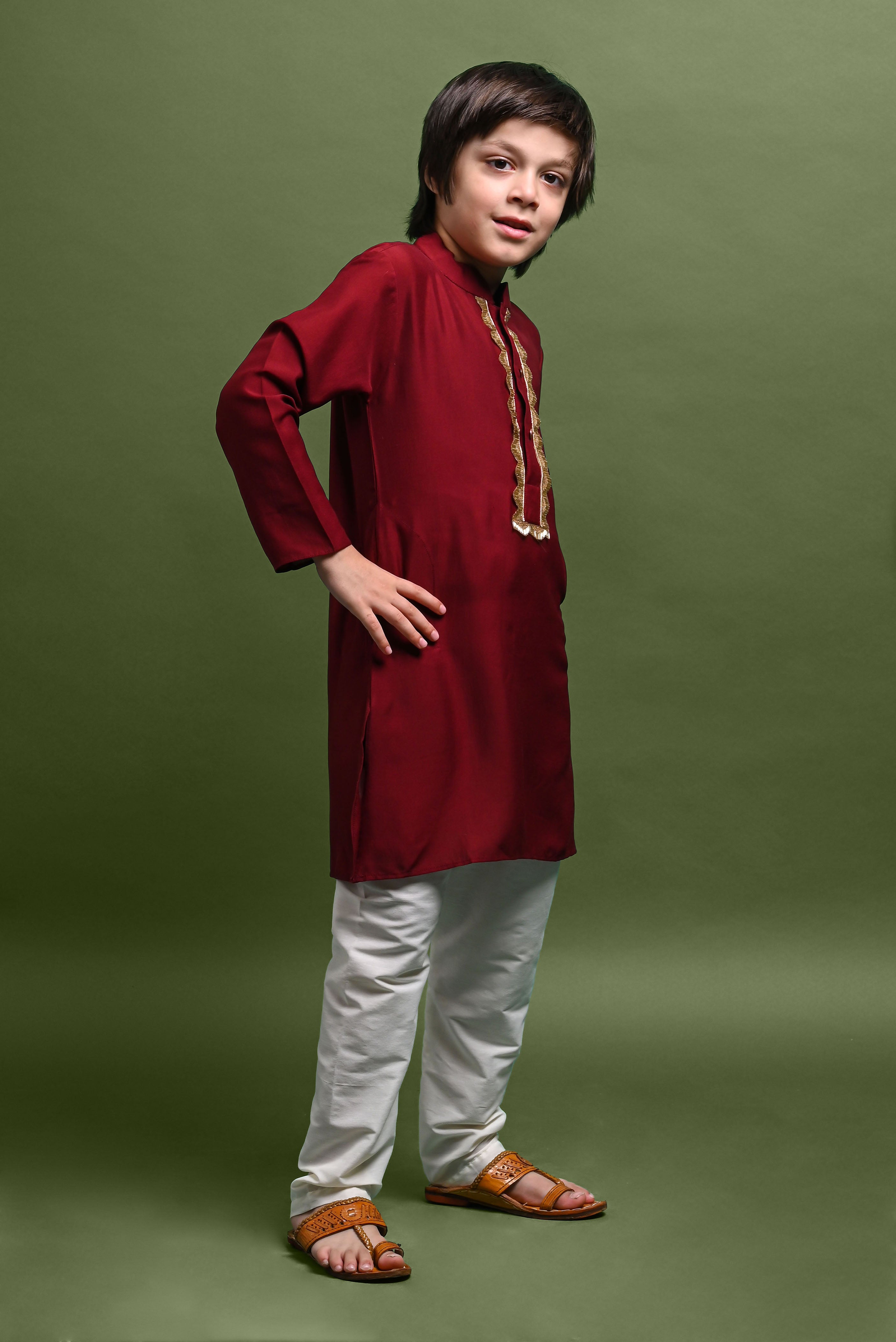 Maroon Emblished Kurta With Pajama Set for kids Vesham Retails