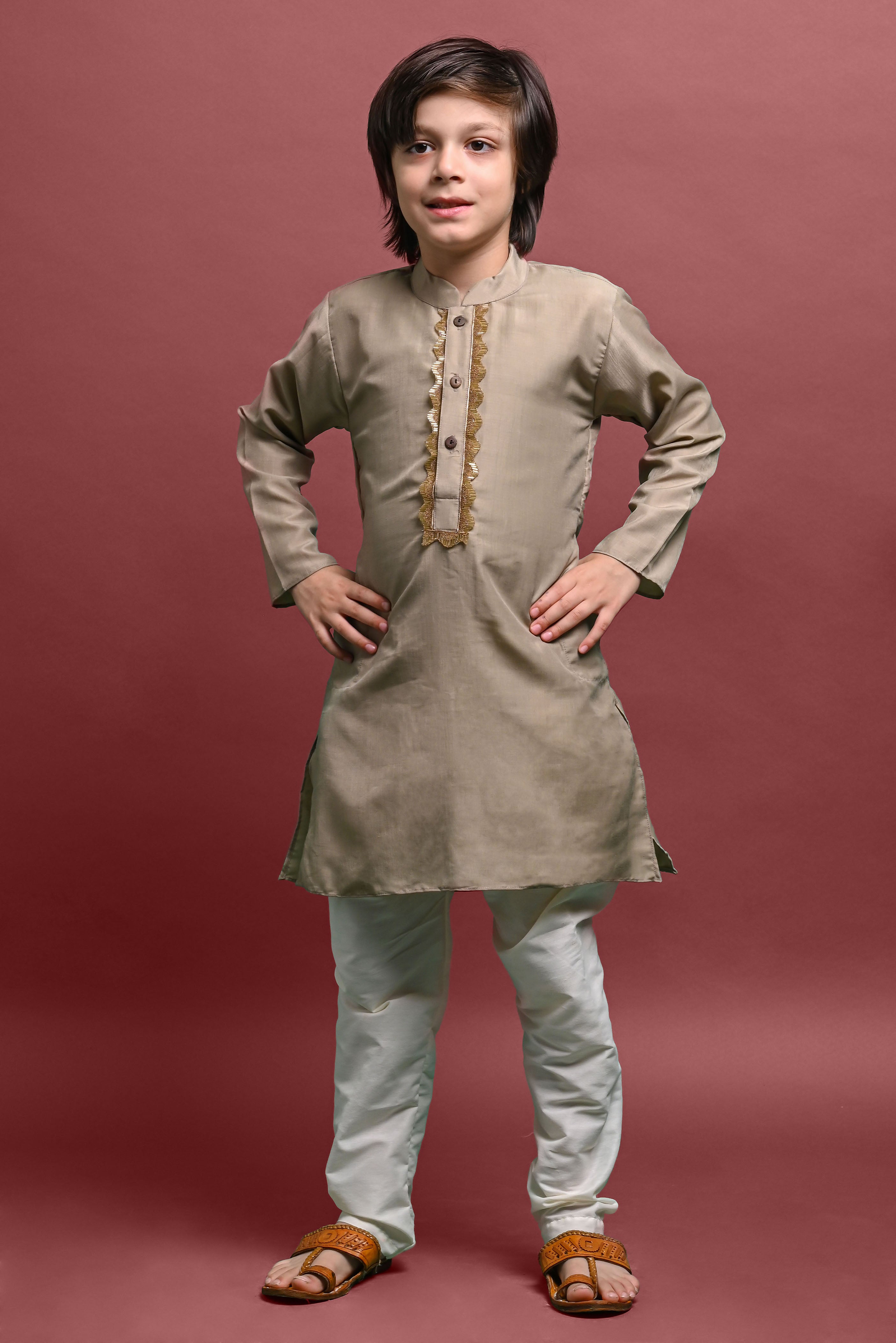 Tan Emblished Kurta With Pajama Set for kids Vesham Retails