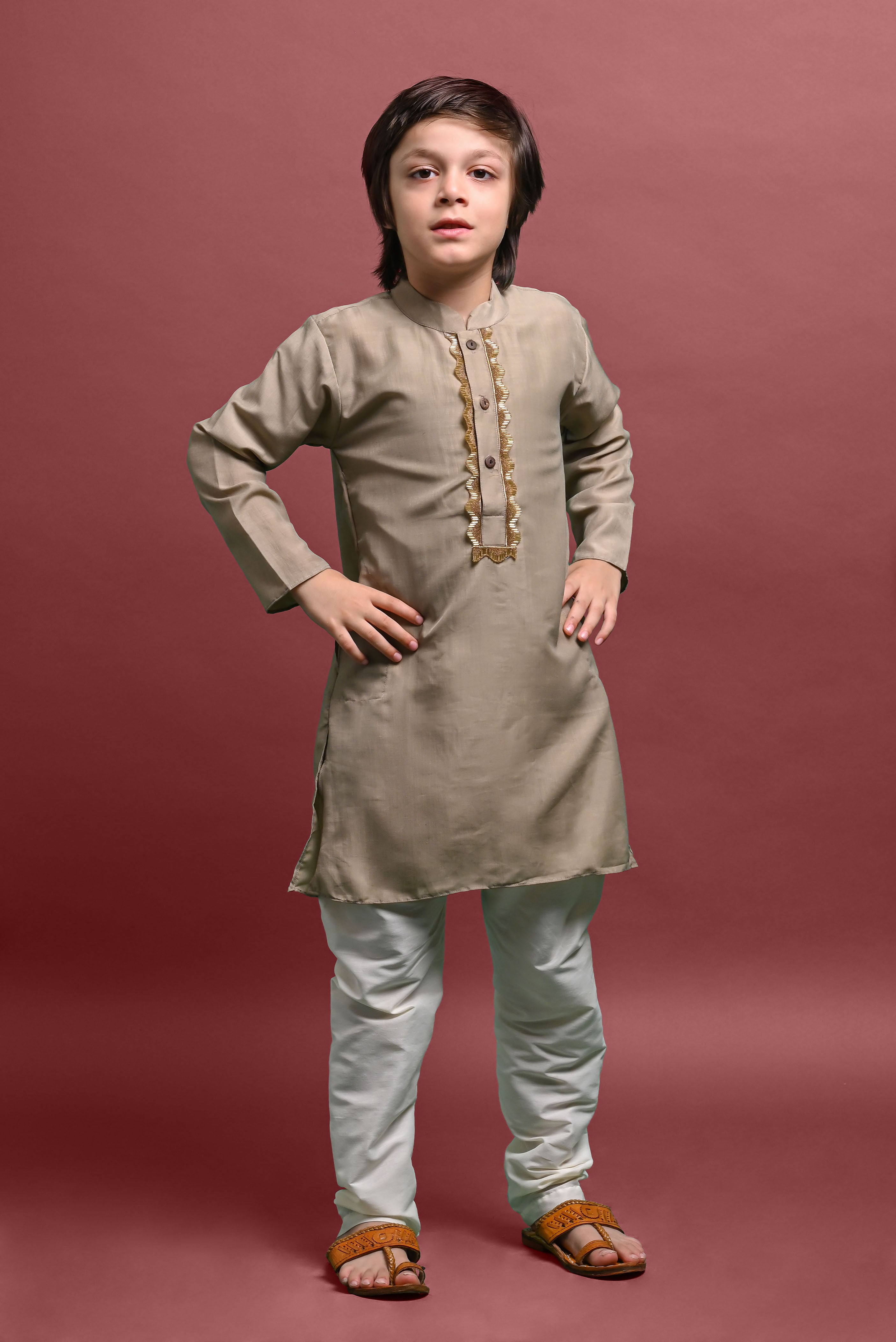 Tan Emblished Kurta With Pajama Set for kids Vesham Retails