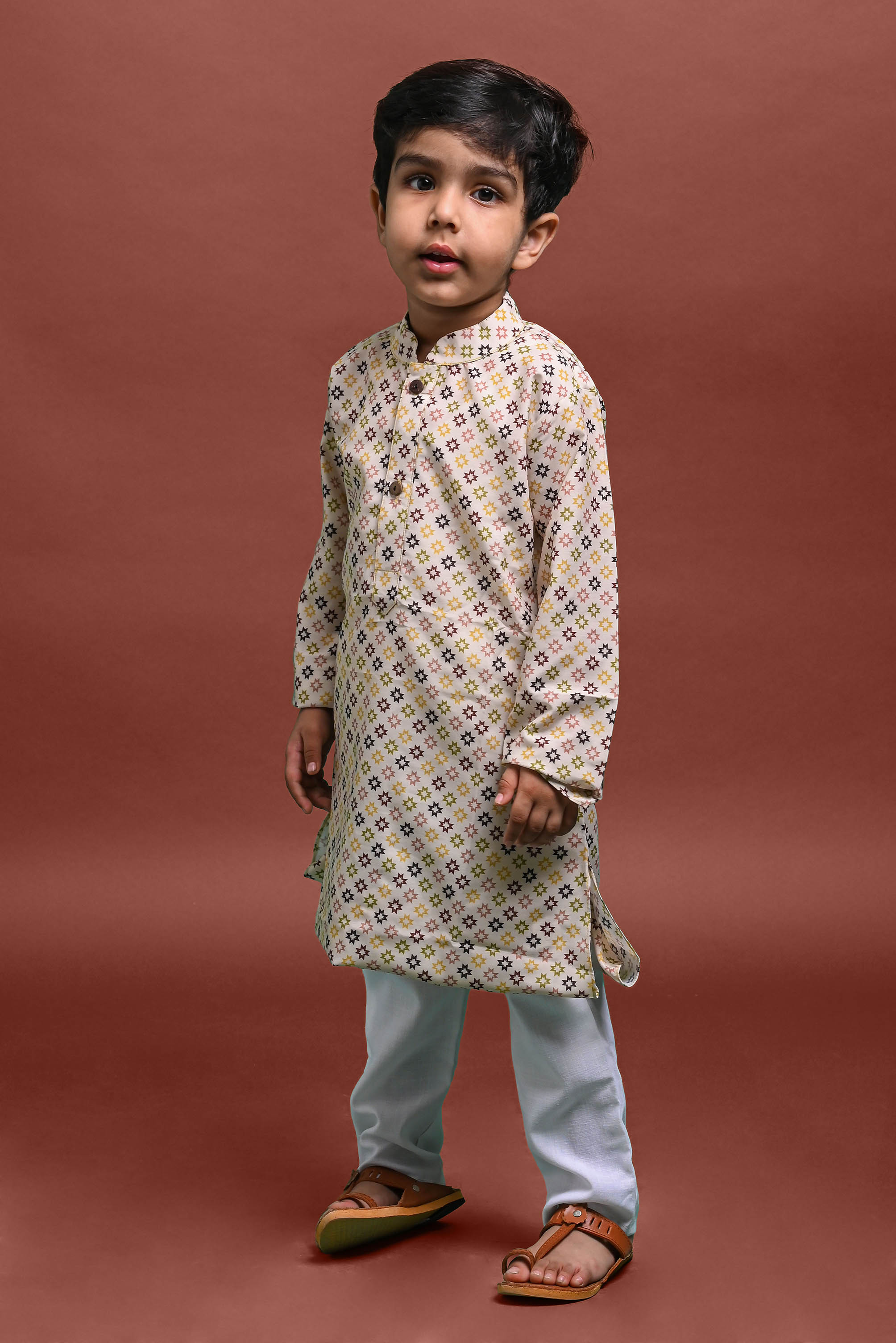 Cream Printed Kurta With Pajama Set For Boys Vesham Retails