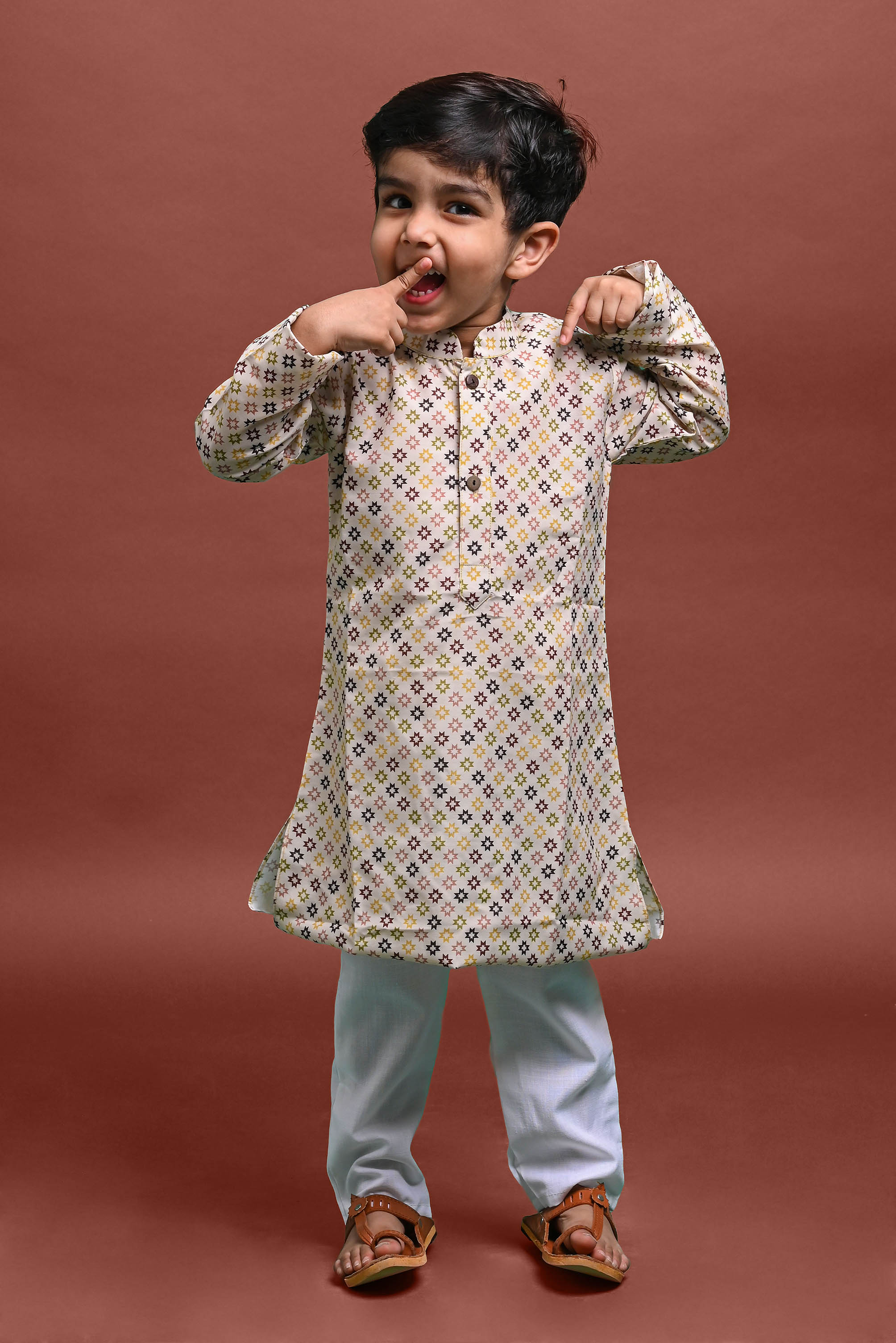 Cream Printed Kurta With Pajama Set For Boys Vesham Retails