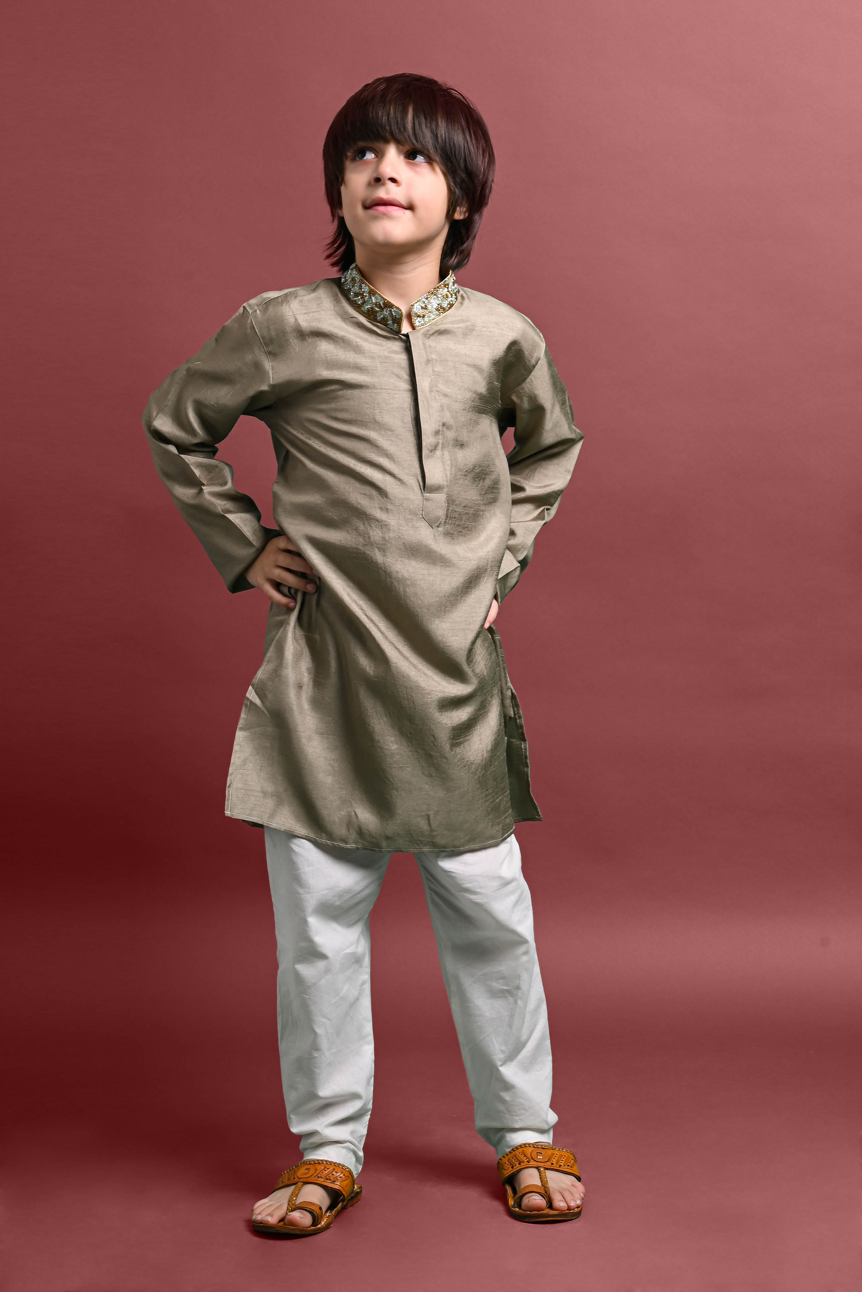 Tan Embellished Kurta with Pajama Set for Boys Vesham Retails