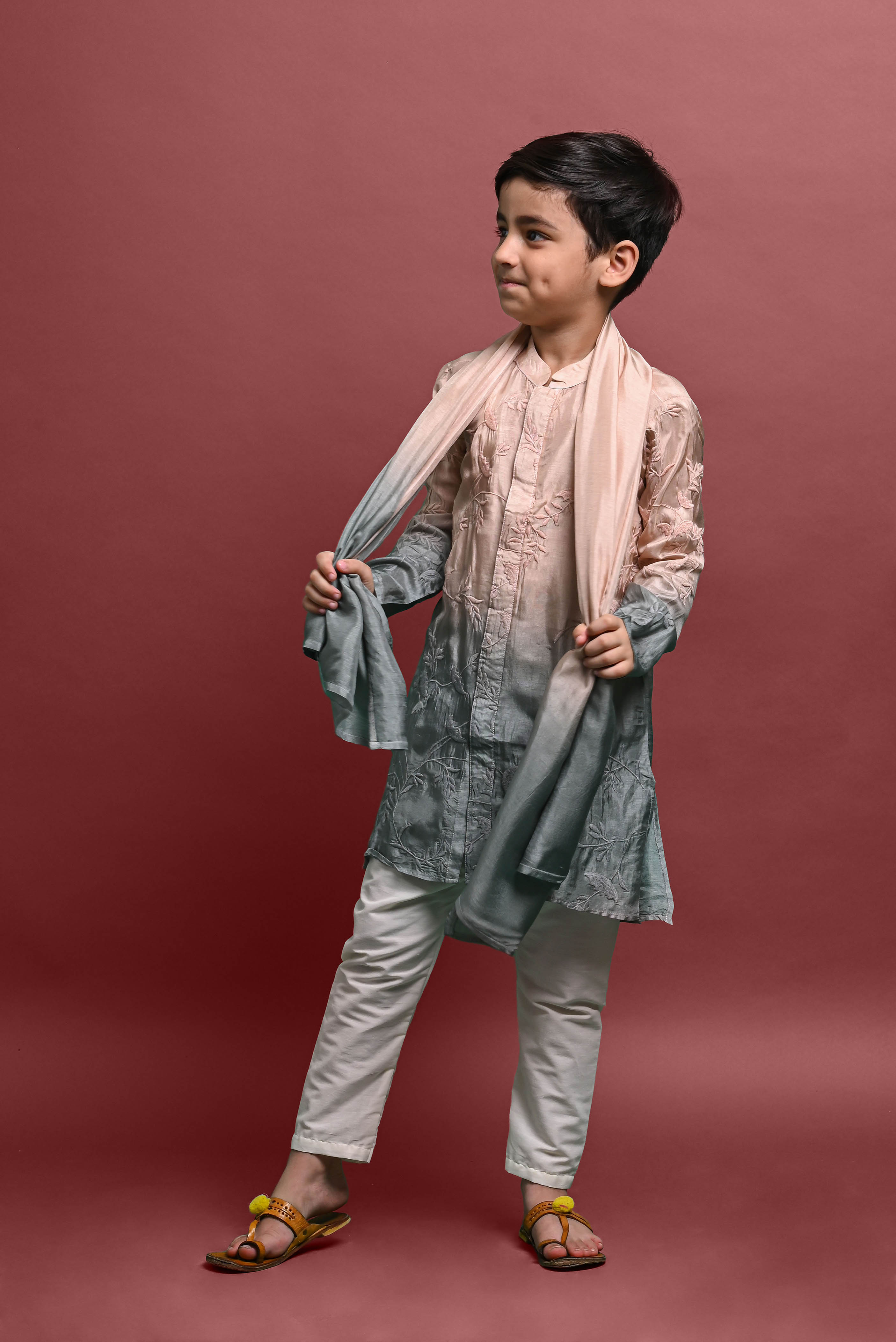 Green Designing Kurta Pajama With Dupatta set for Kids Vesham Retails