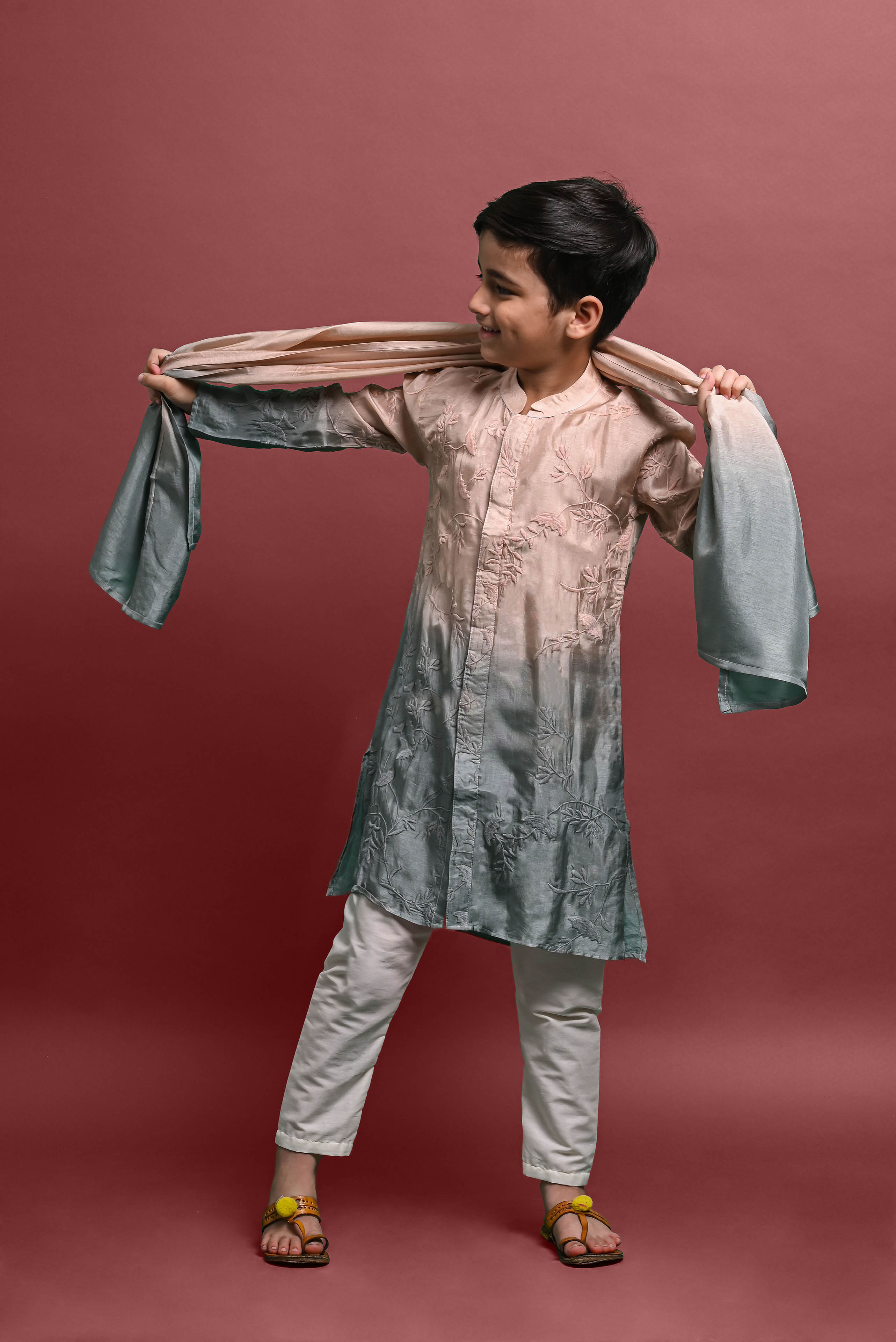 Green Designing Kurta Pajama With Dupatta set for Kids Vesham Retails