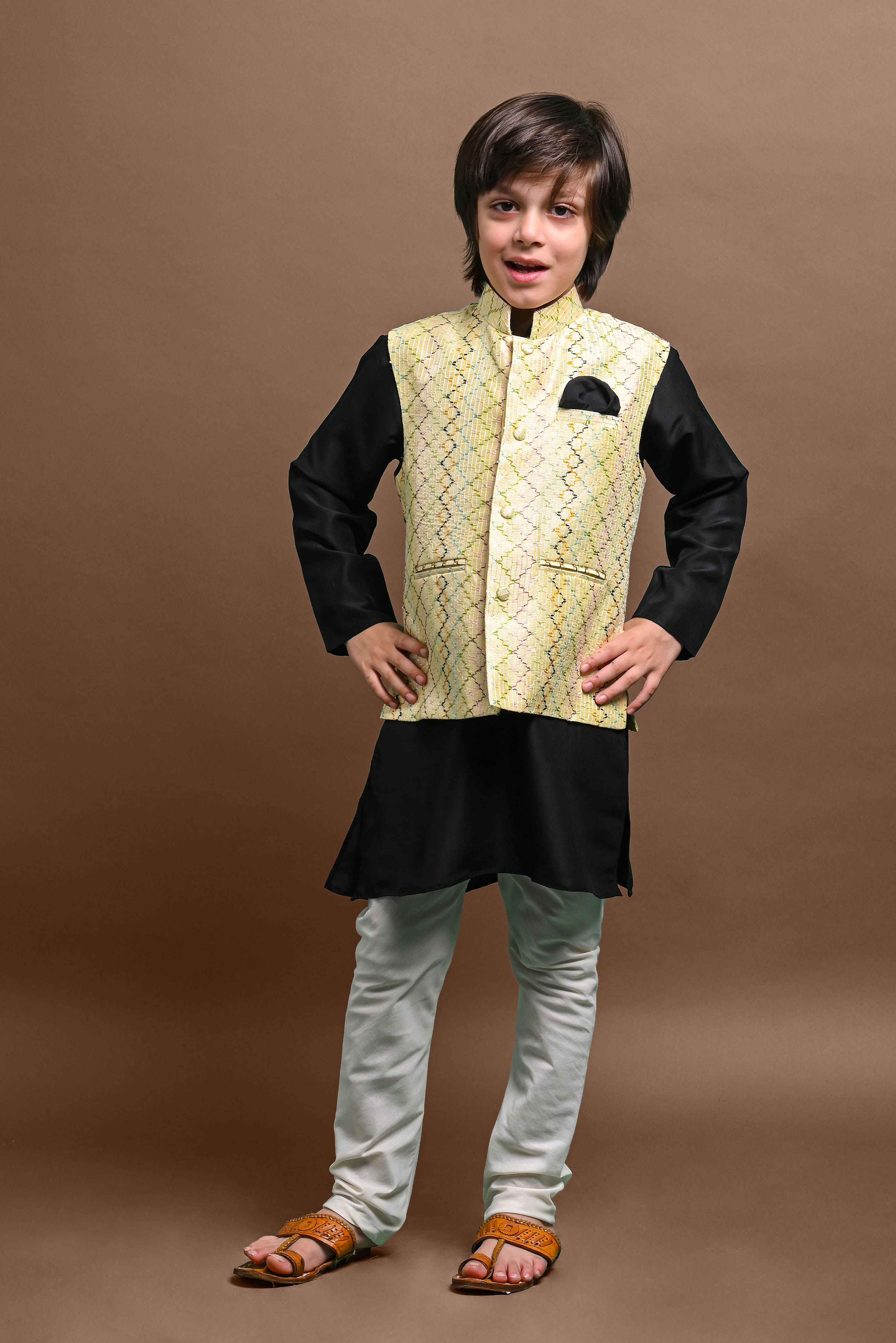 Cream Kurta Pajama with Jacket Set For Boys Vesham Retails