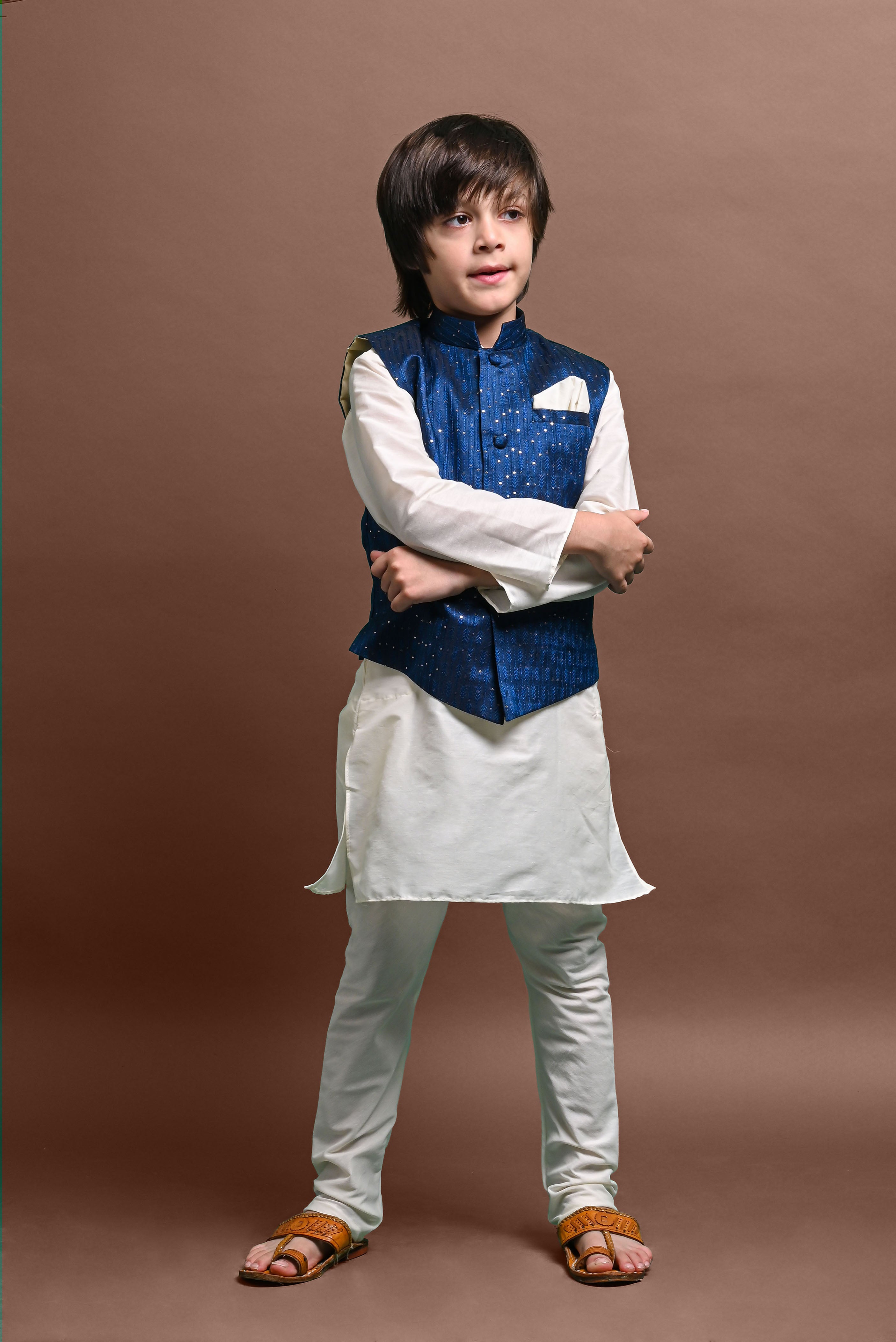 Blue Kurta Pajama with Jacket Set For Boys Vesham Retails