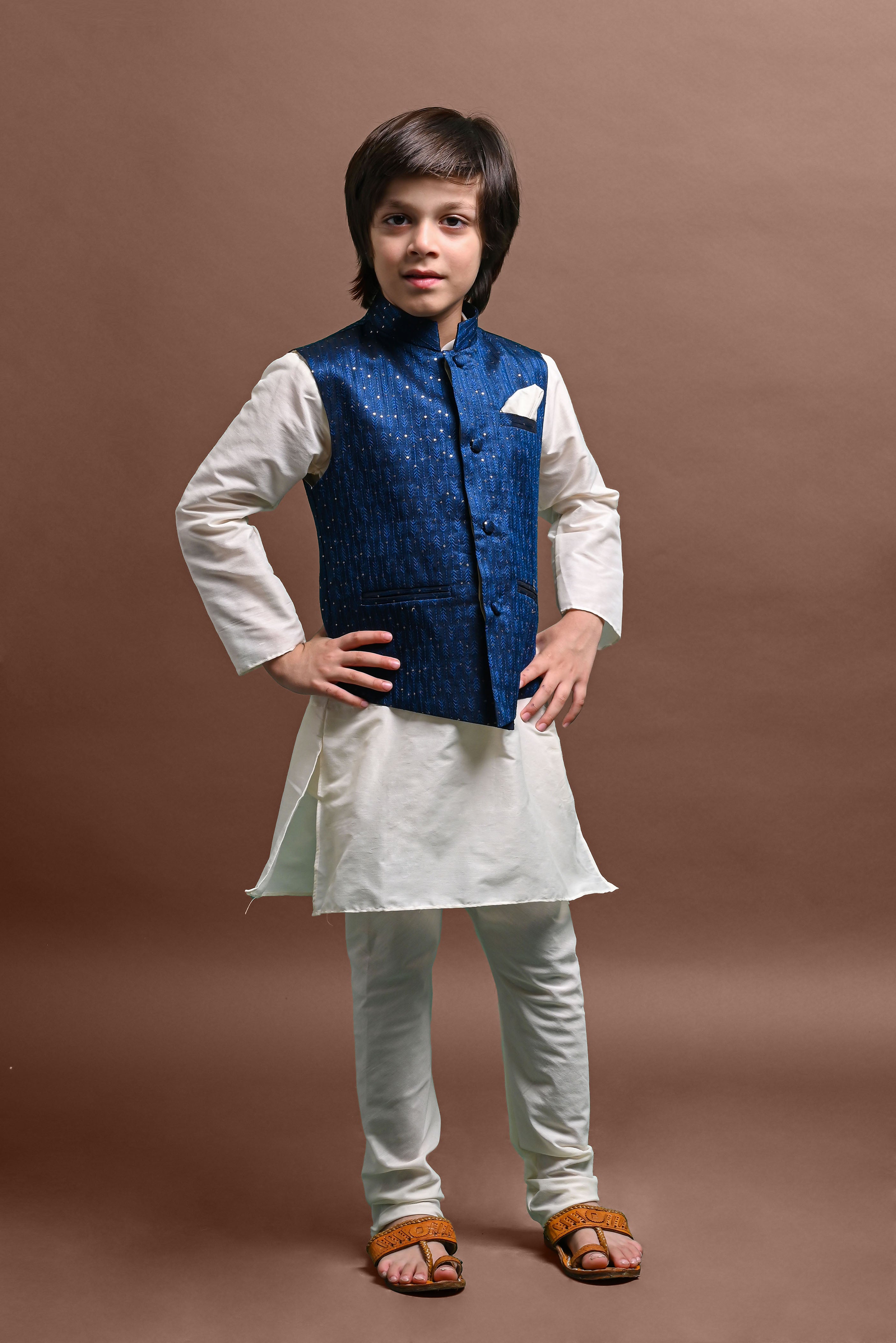 Blue Kurta Pajama with Jacket Set For Boys Vesham Retails