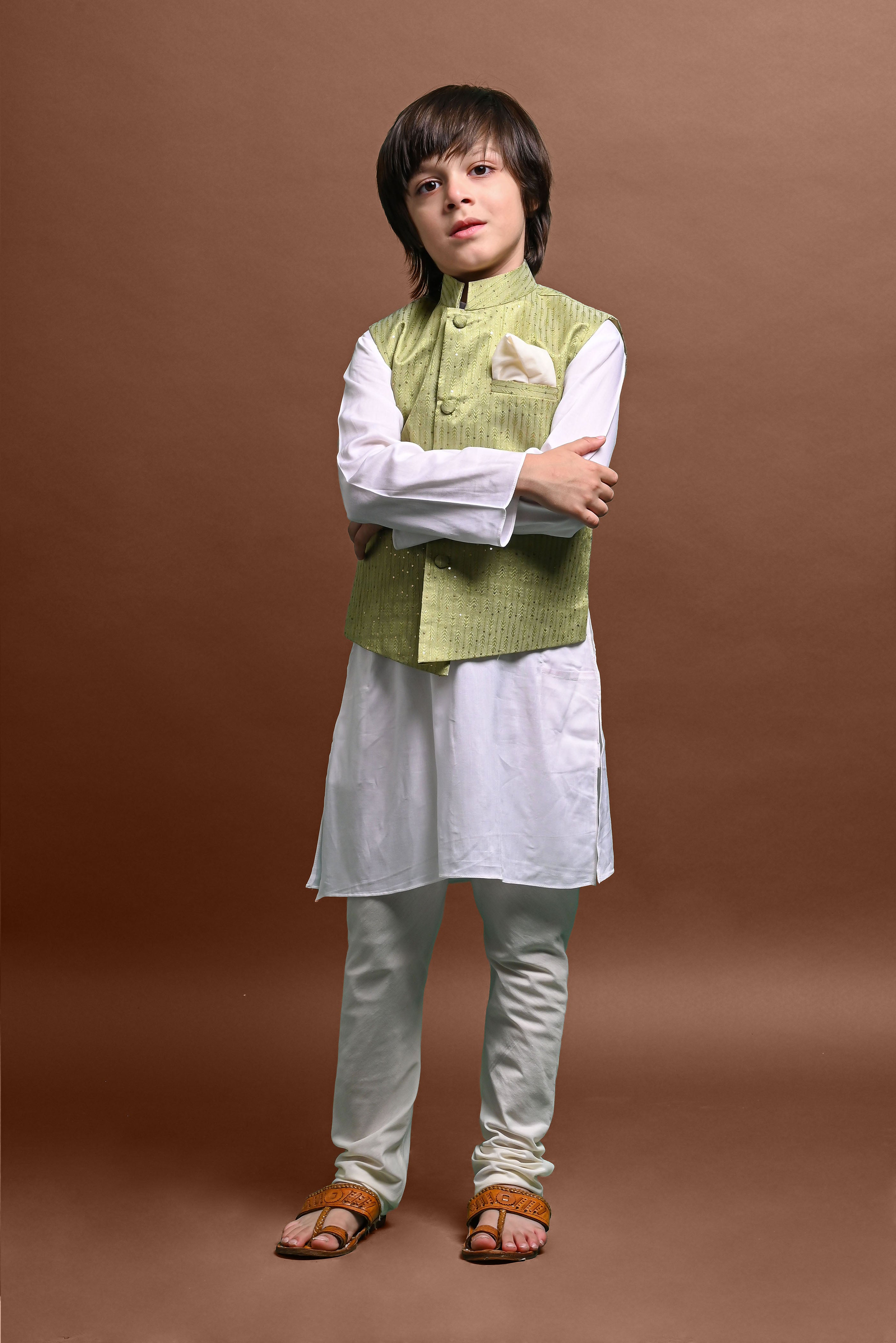 Green Kurta Pajama with Jacket Set For Boys Vesham Retails