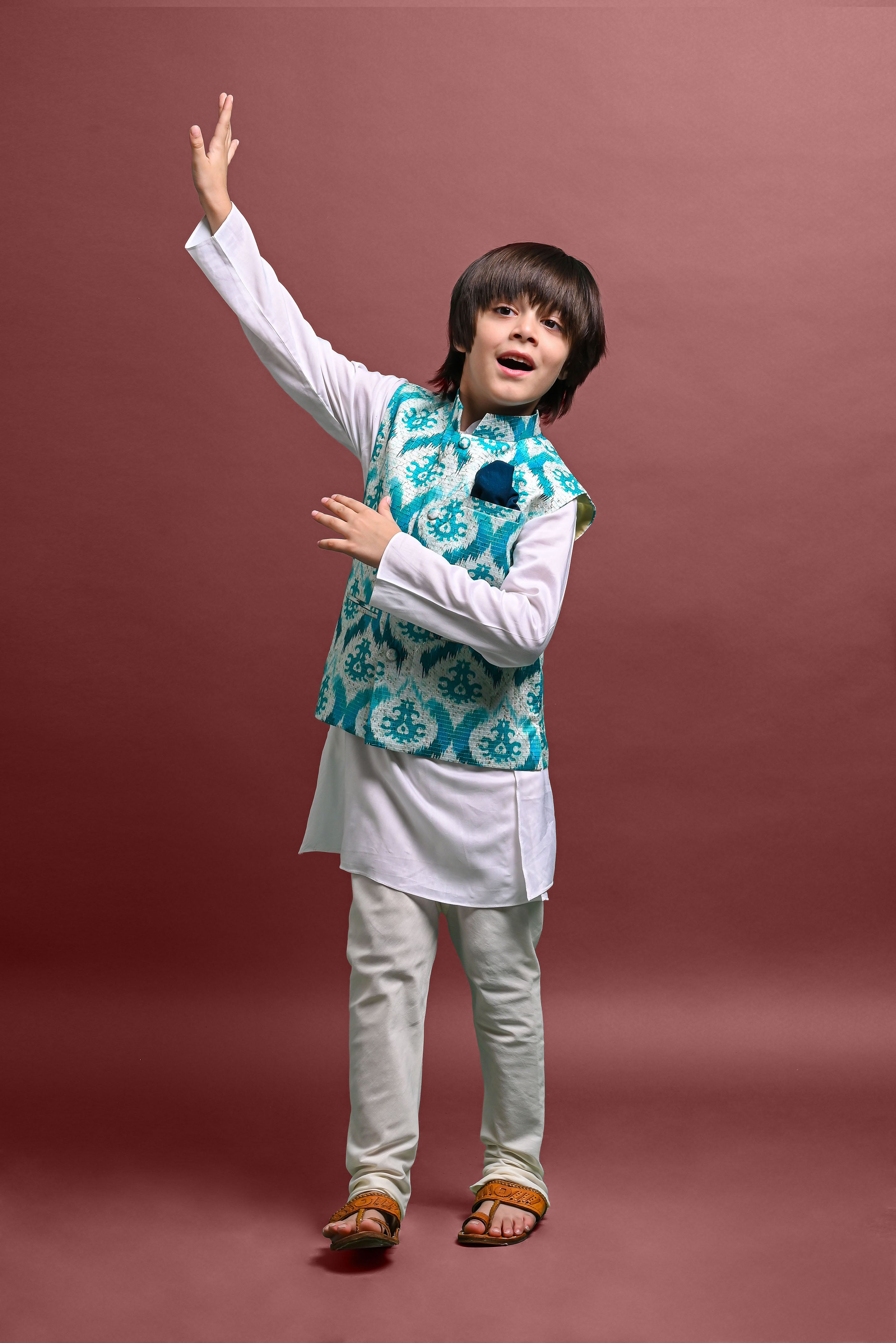 Azure Paisley hand block Kurta Pyjama Nehru Jacket set » Cookiie Baby