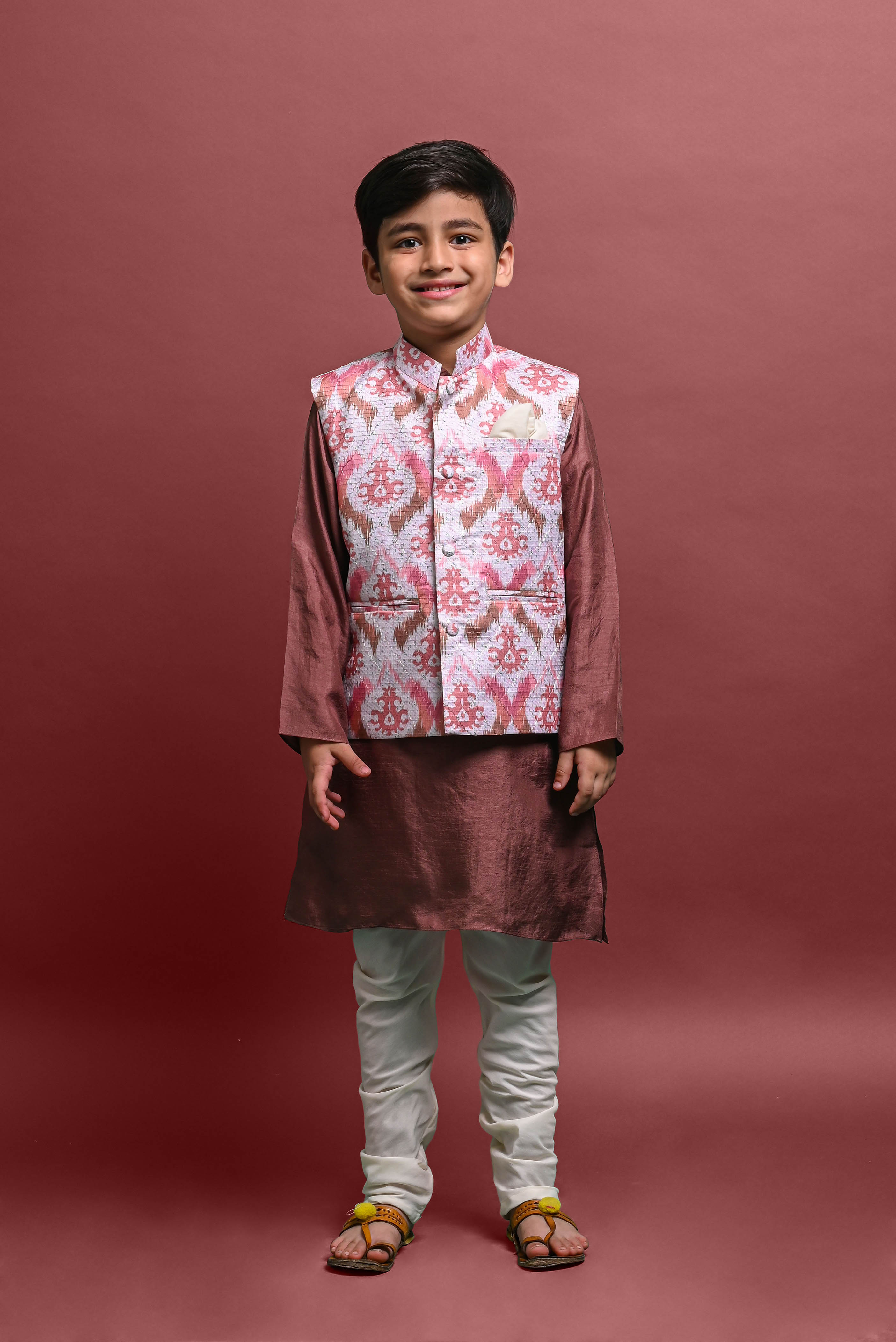 Brown Kurta Pajama with Jacket Set For Boys Vesham Retails