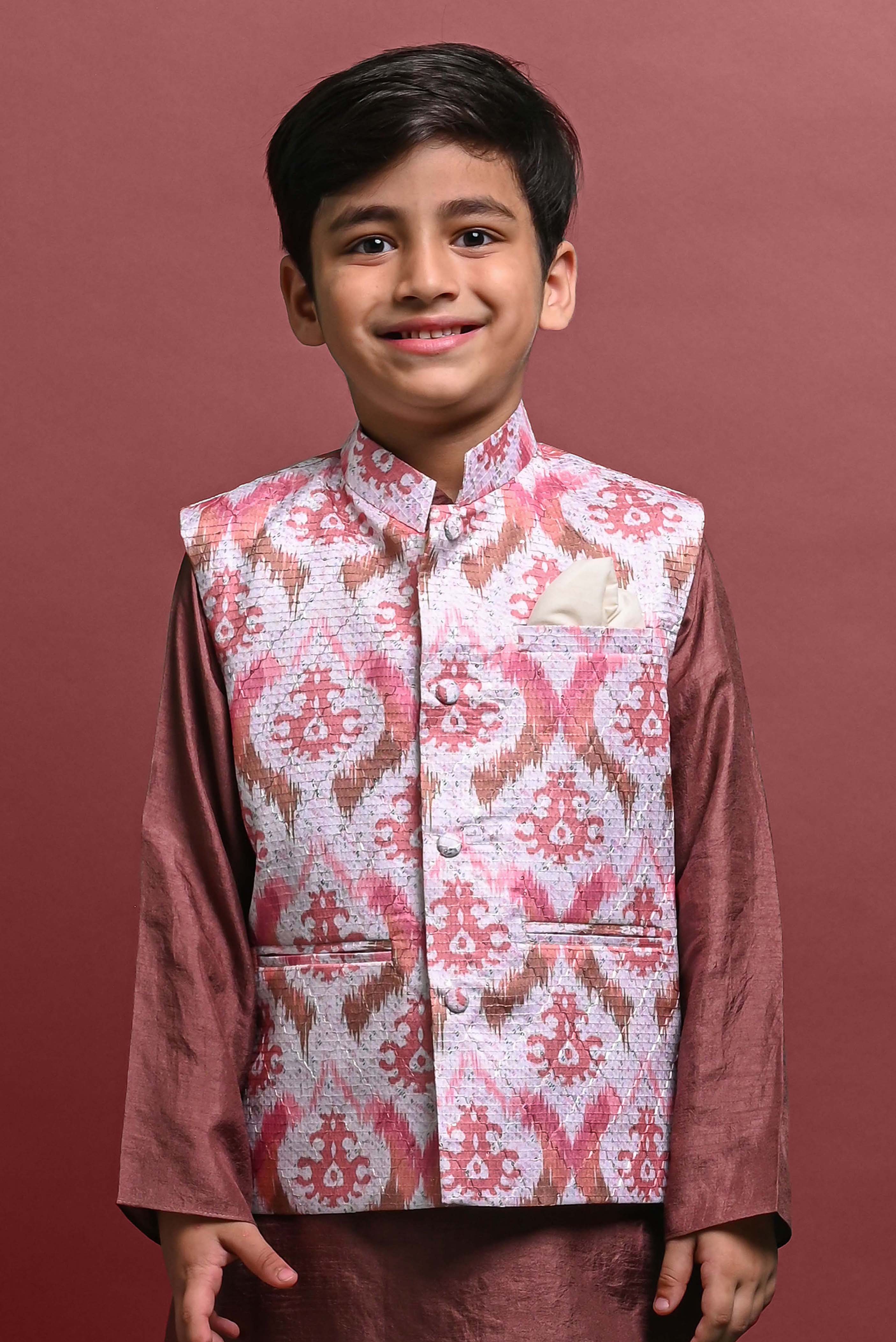 Brown Kurta Pajama with Jacket Set For Boys Vesham Retails