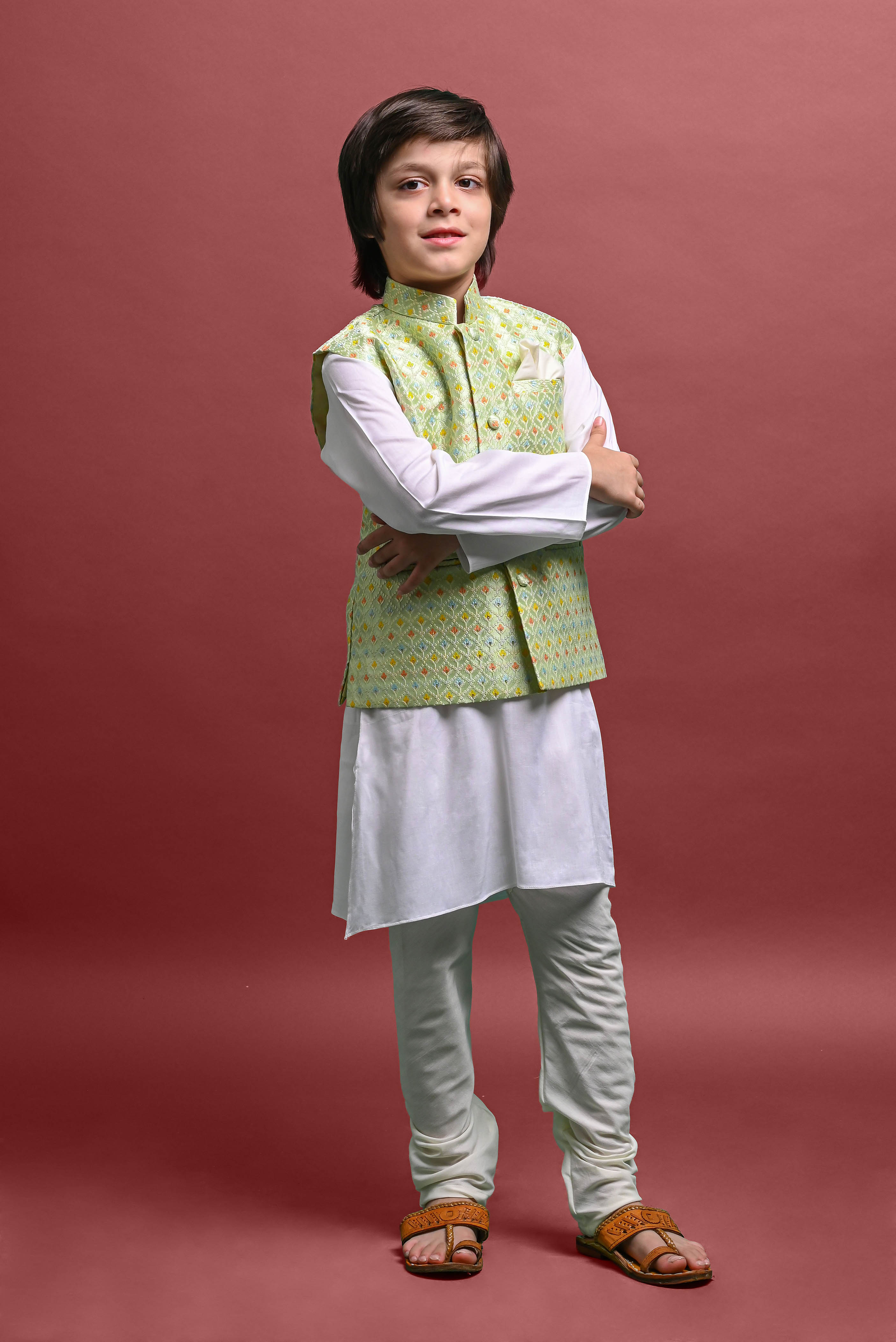 Green Kurta Pajama with Jacket Set For Boys Vesham Retails