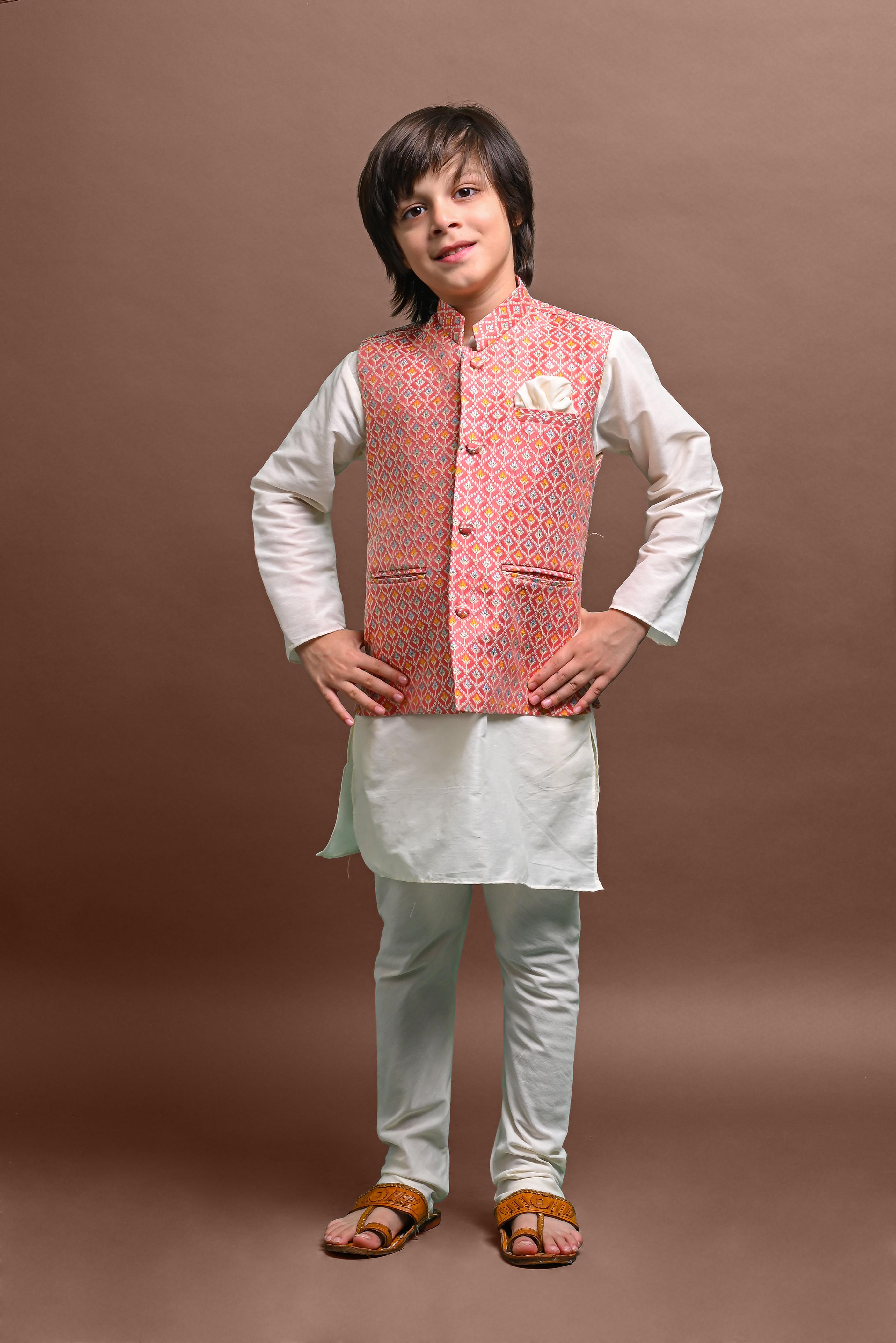 Pink Kurta Pajama with Jacket Set For Boys Vesham Retails