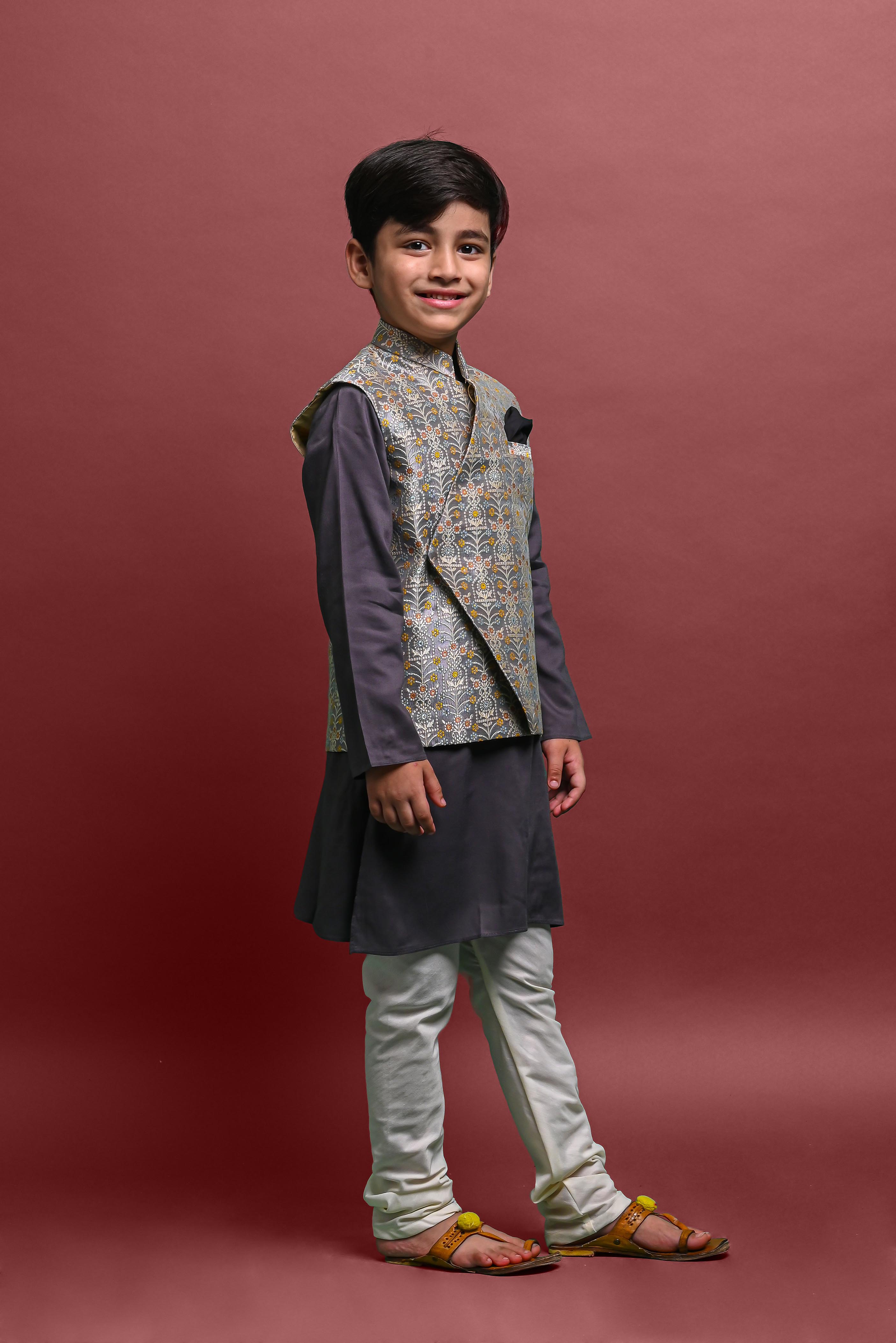 Grey Kurta Pajama with Jacket Set For Boys Vesham Retails