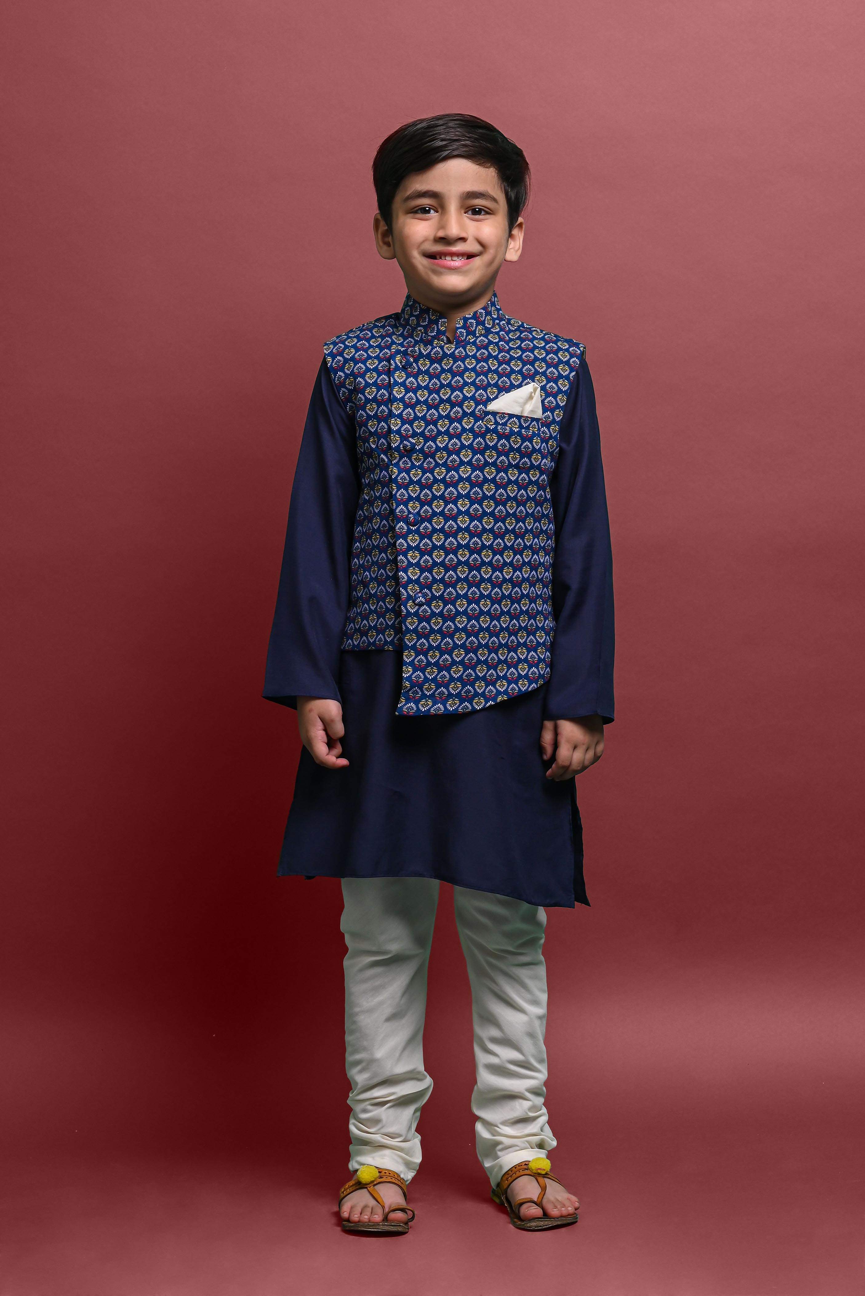 Blue Kurta Pajama with Jacket Set For Boys Vesham Retails