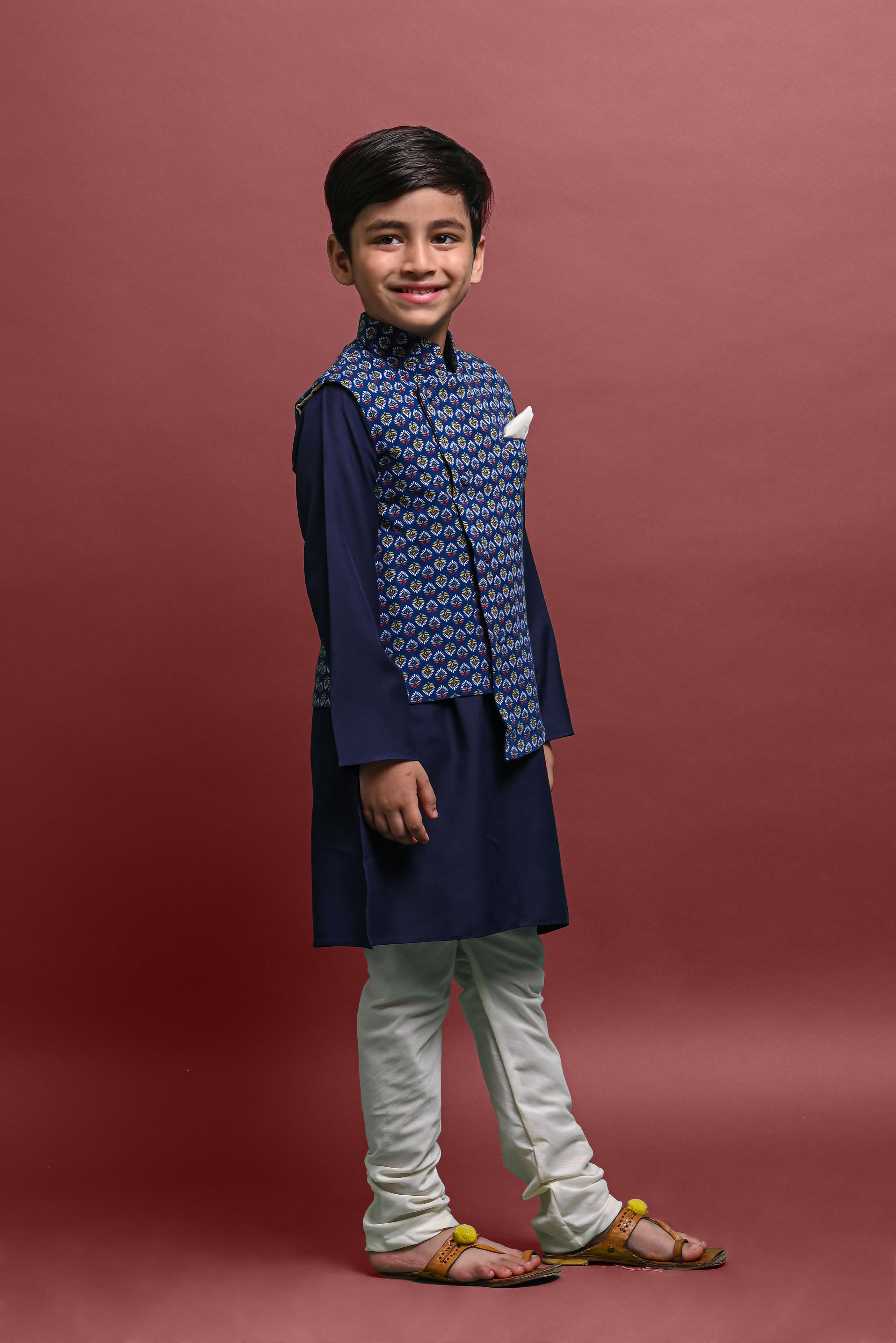 Blue Kurta Pajama with Jacket Set For Boys Vesham Retails