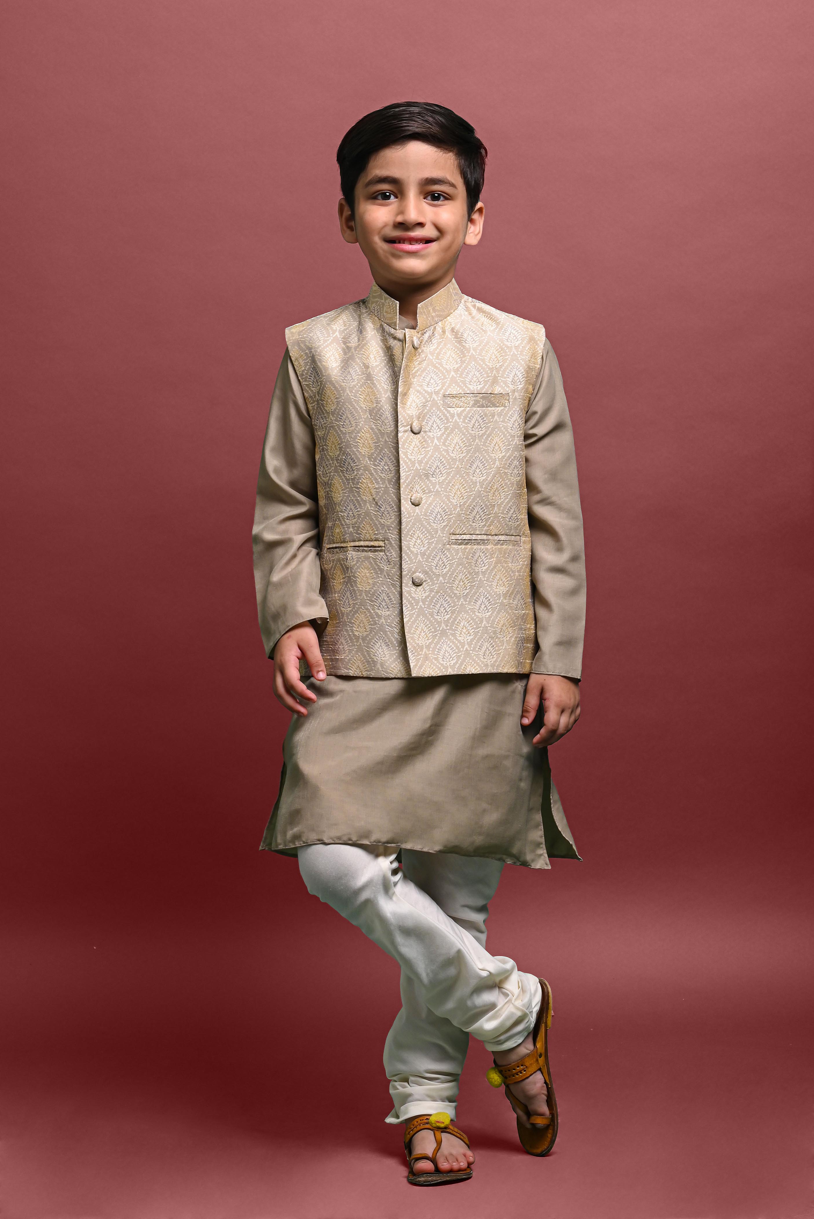 Tan Kurta Pajama with Jacket Set For Boys Vesham Retails