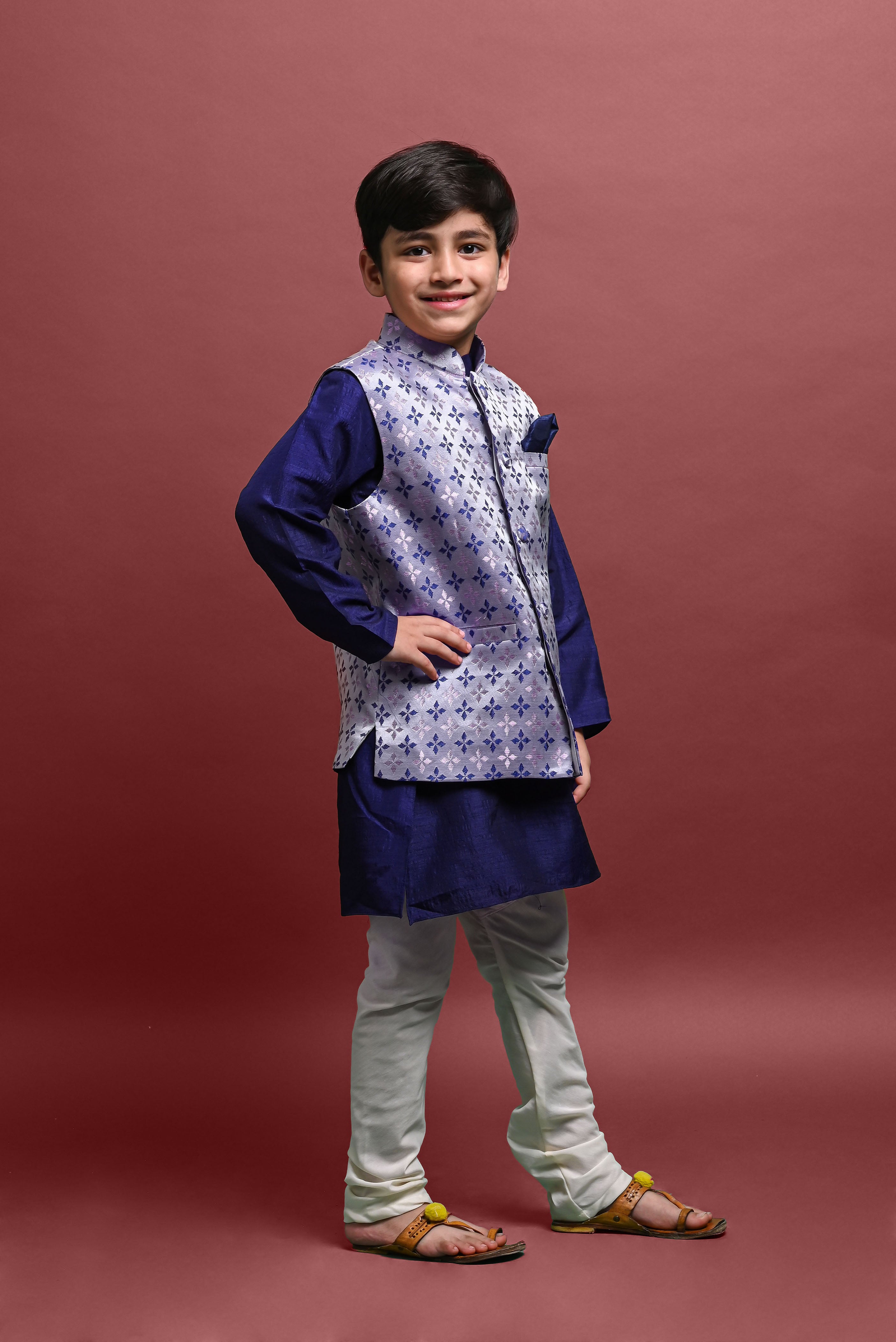 Blue Kurta Pajama with Jacket Set For Boys Vesham Retails