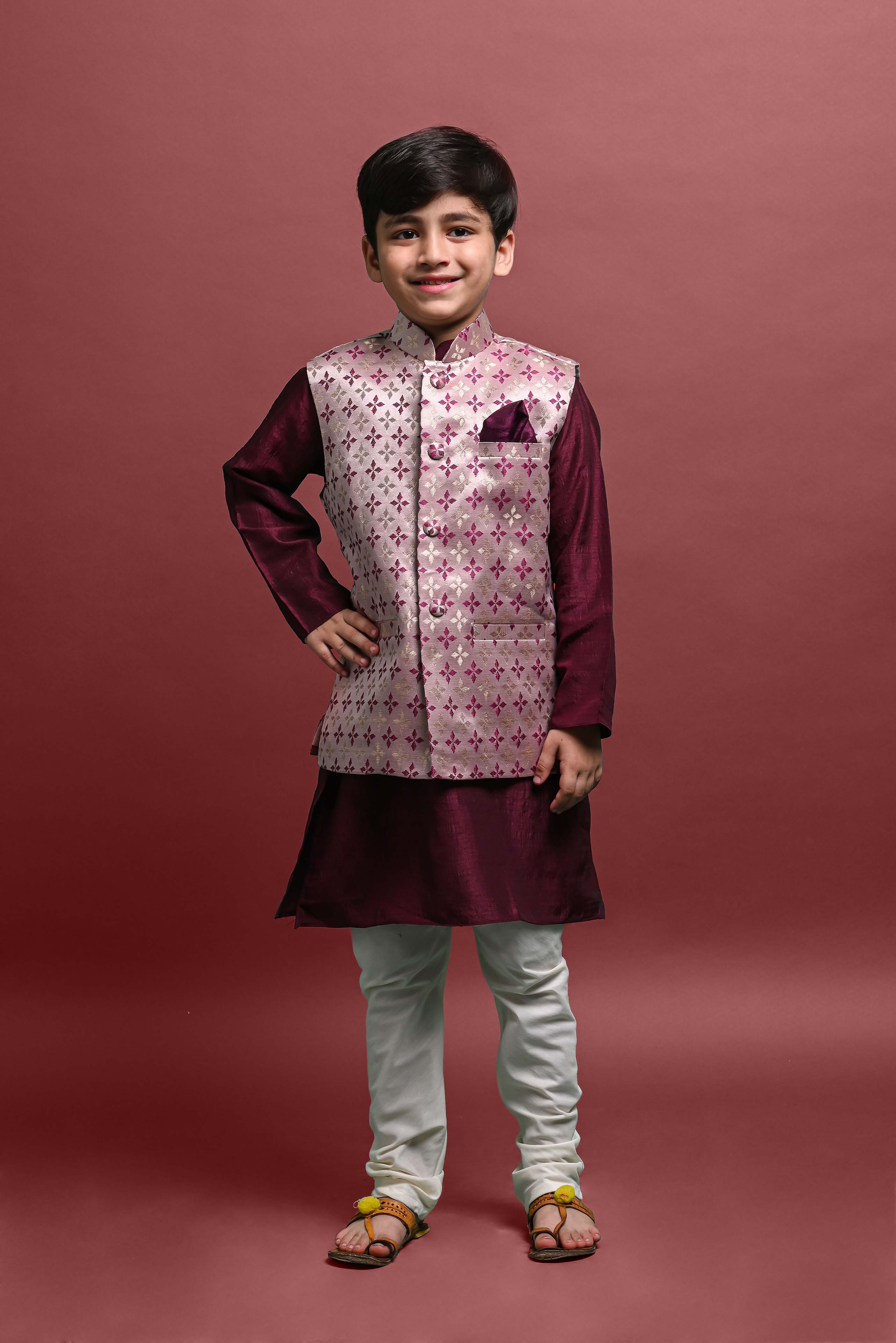 Burgundy Kurta Pajama with Jacket Set For Boys Vesham Retails