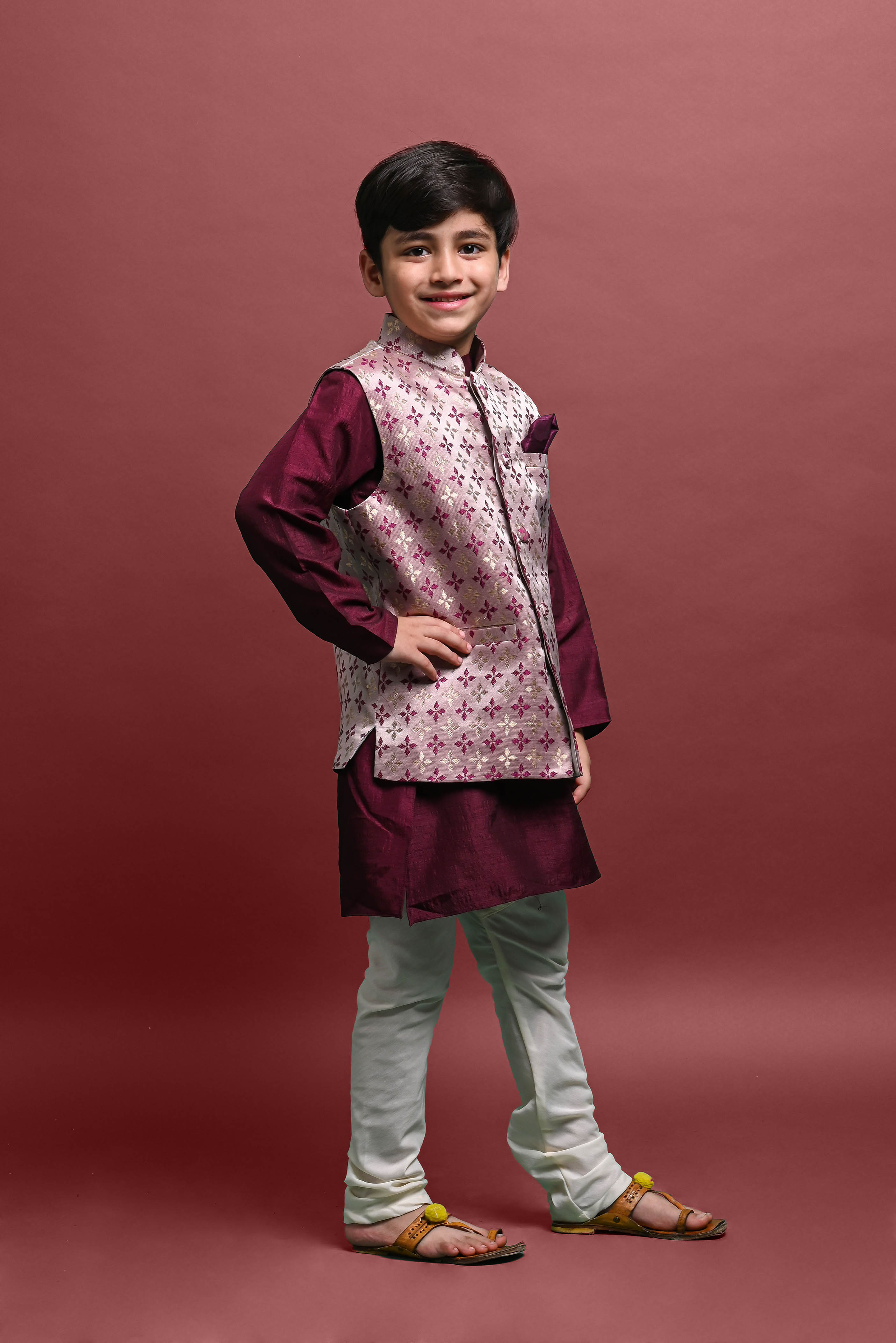 Burgundy Kurta Pajama with Jacket Set For Boys Vesham Retails