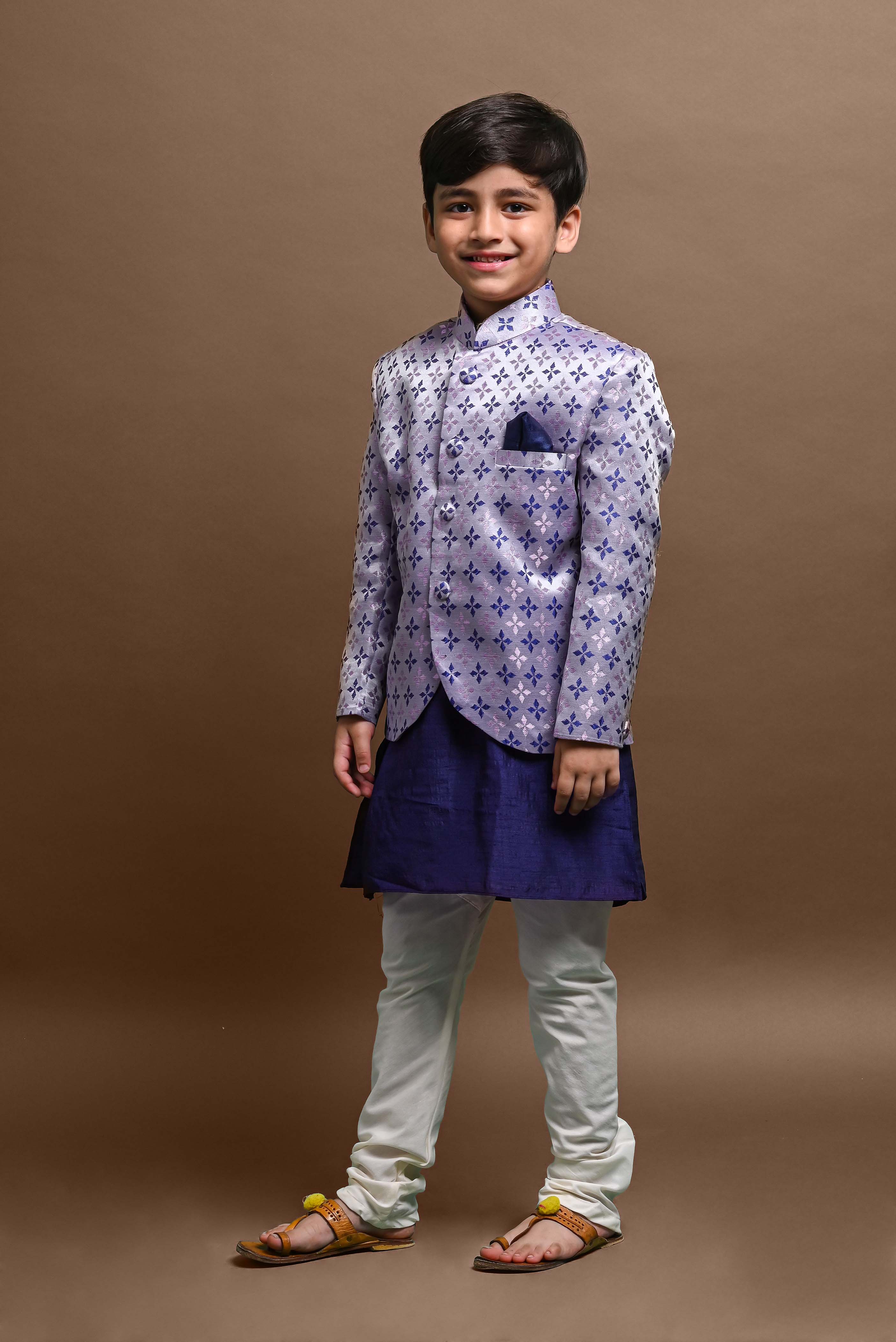 Blue Kurta Pajama with Jacket Set For Boys Vesham Retails