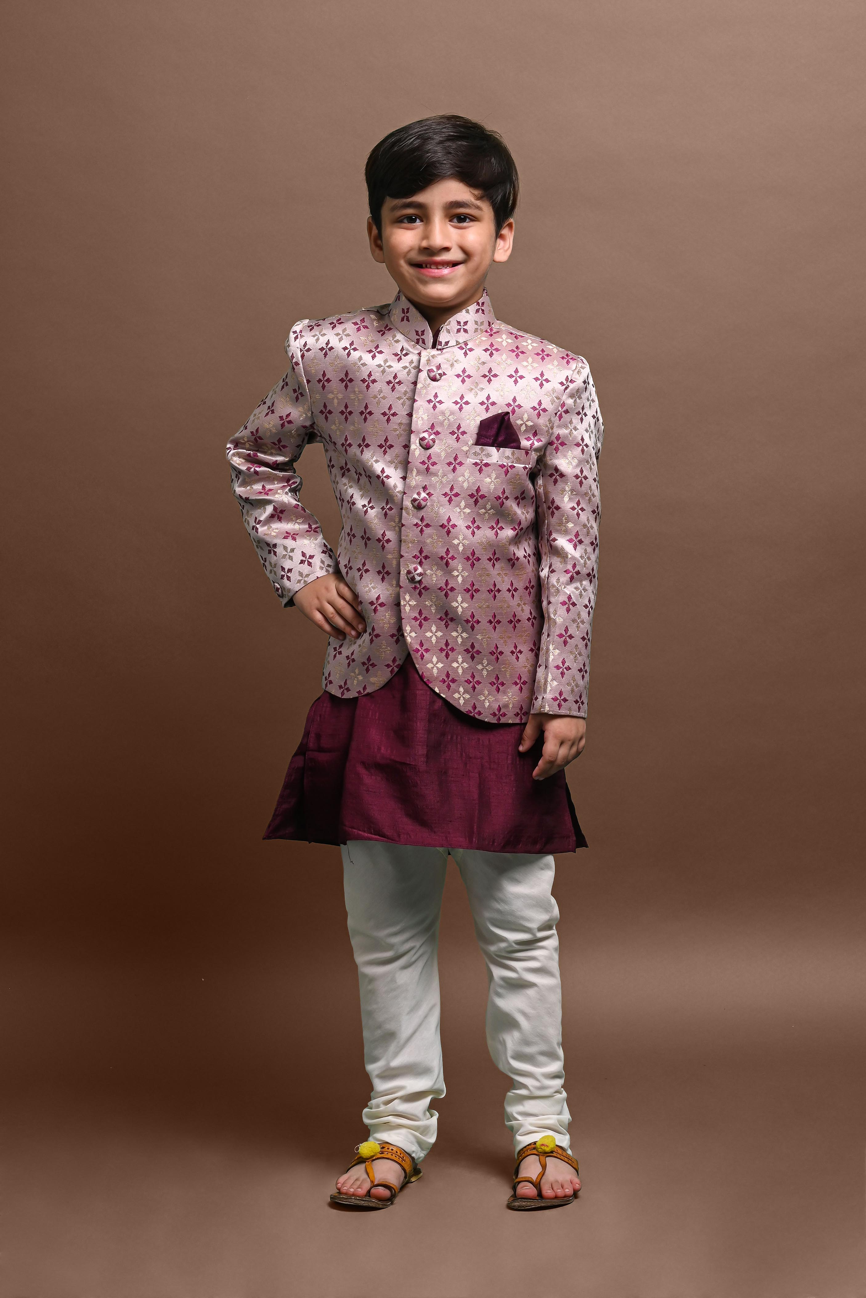 Burgundy Kurta Pajama with Jacket Set For Boys Vesham Retails