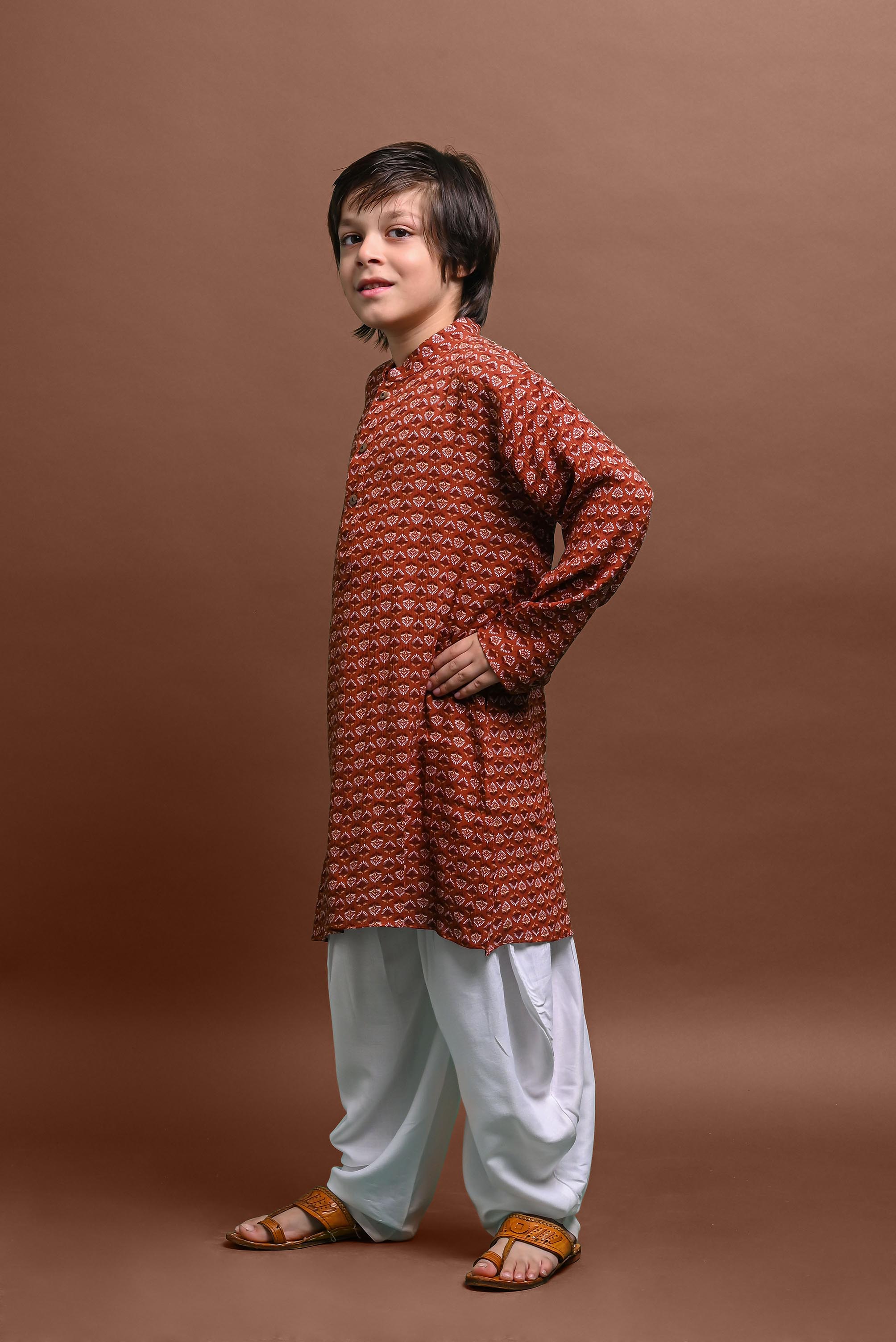 Brown Printed Kurta With Pajama Set For Boys Vesham Retails