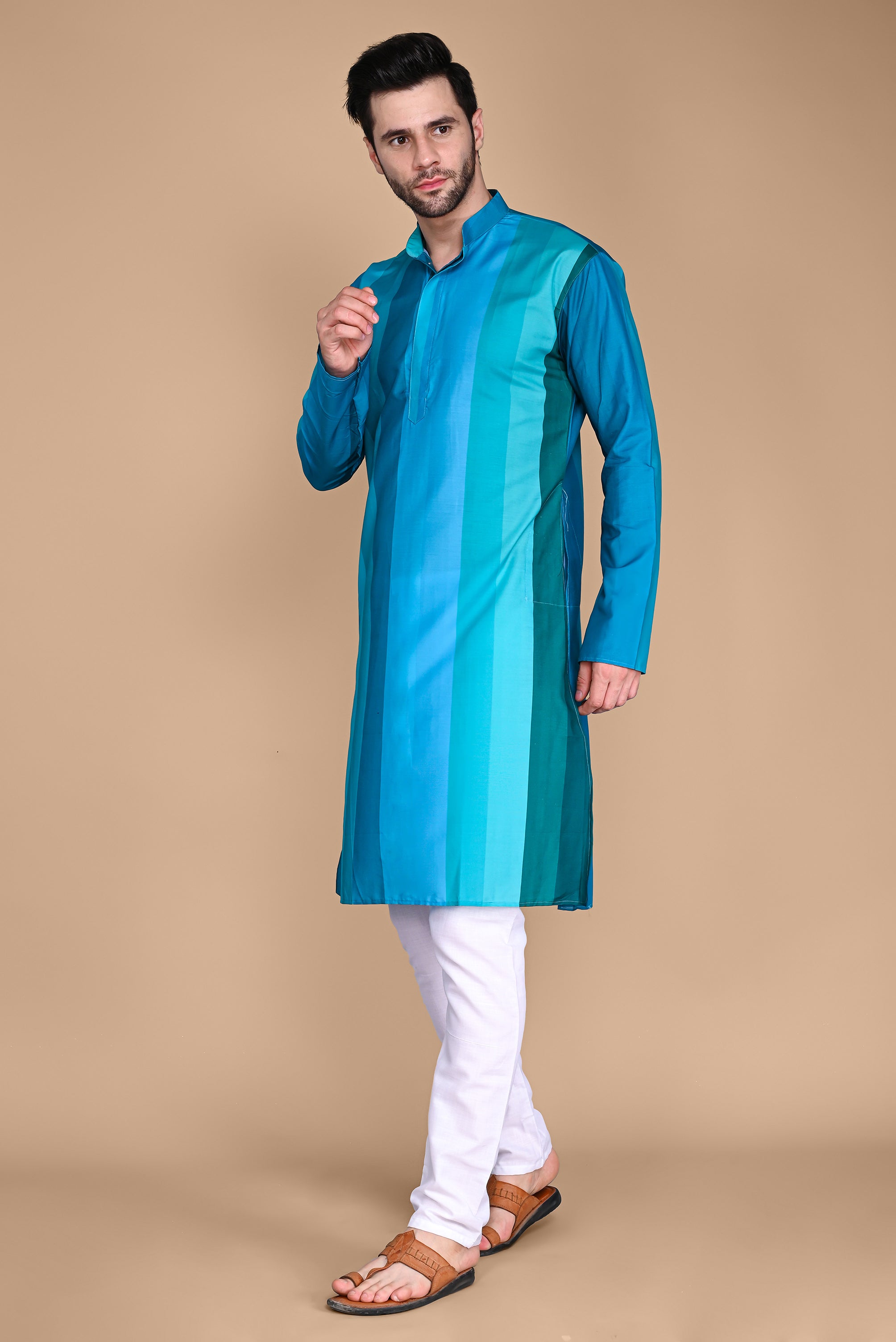 Mens Blue Shaded Cotton Silk Kurta And Churidar Set Vesham Retails