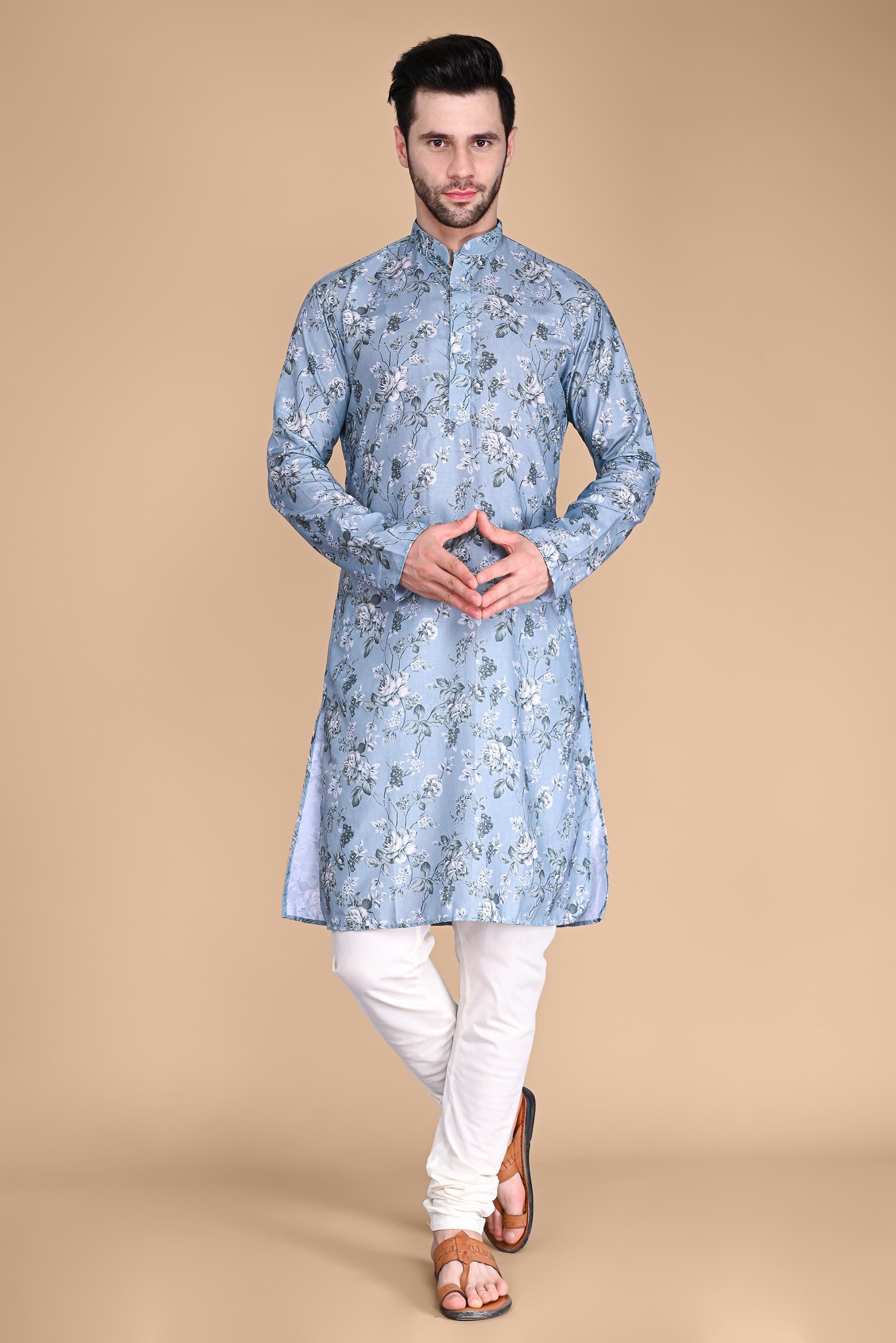 Grey Floral Printed Kurta And Churidar Set Vesham Retails