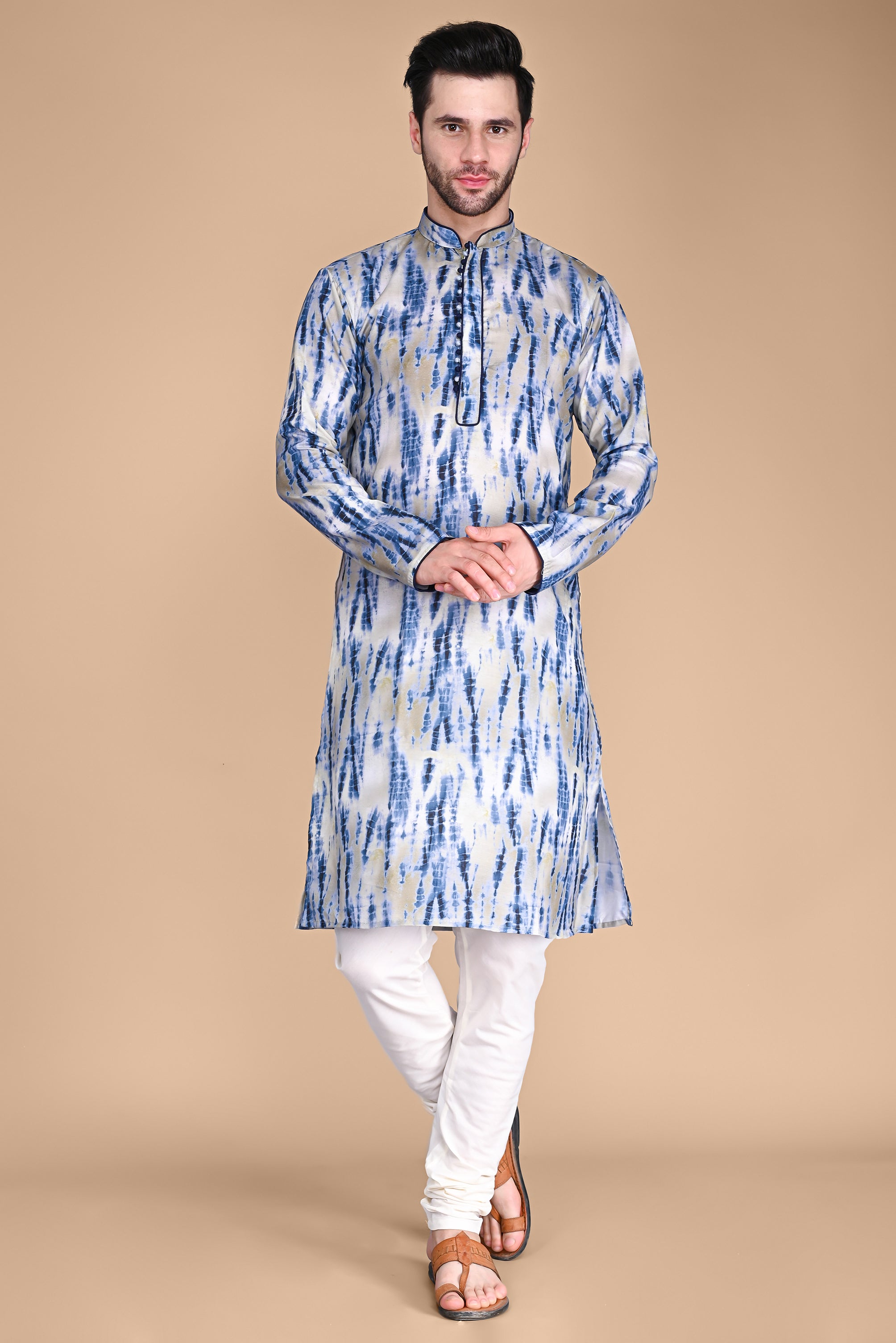 Blue And Grey Printed Cotton Silk Kurta Churidar Set Vesham Retails