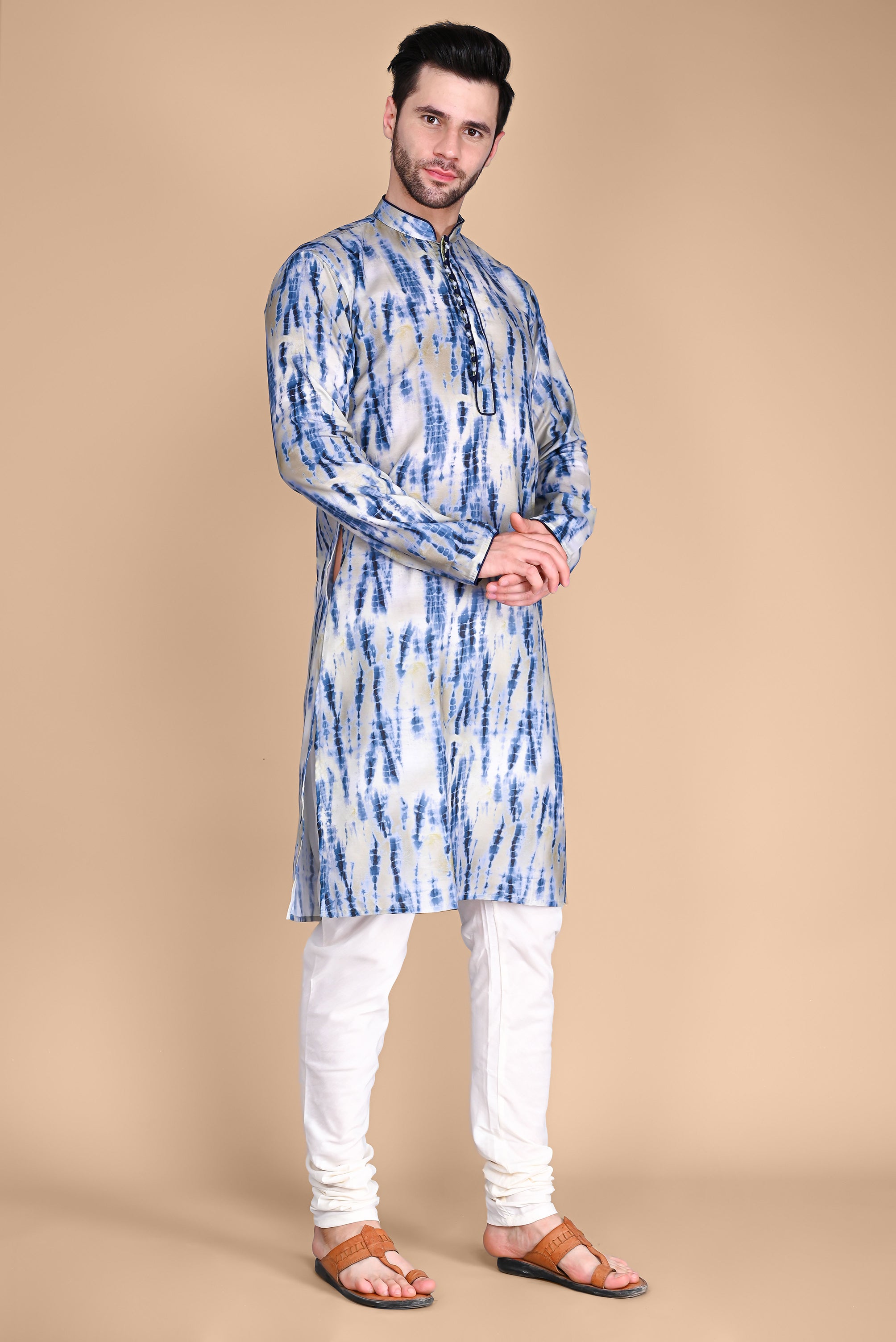 Blue And Grey Printed Cotton Silk Kurta Churidar Set Vesham Retails