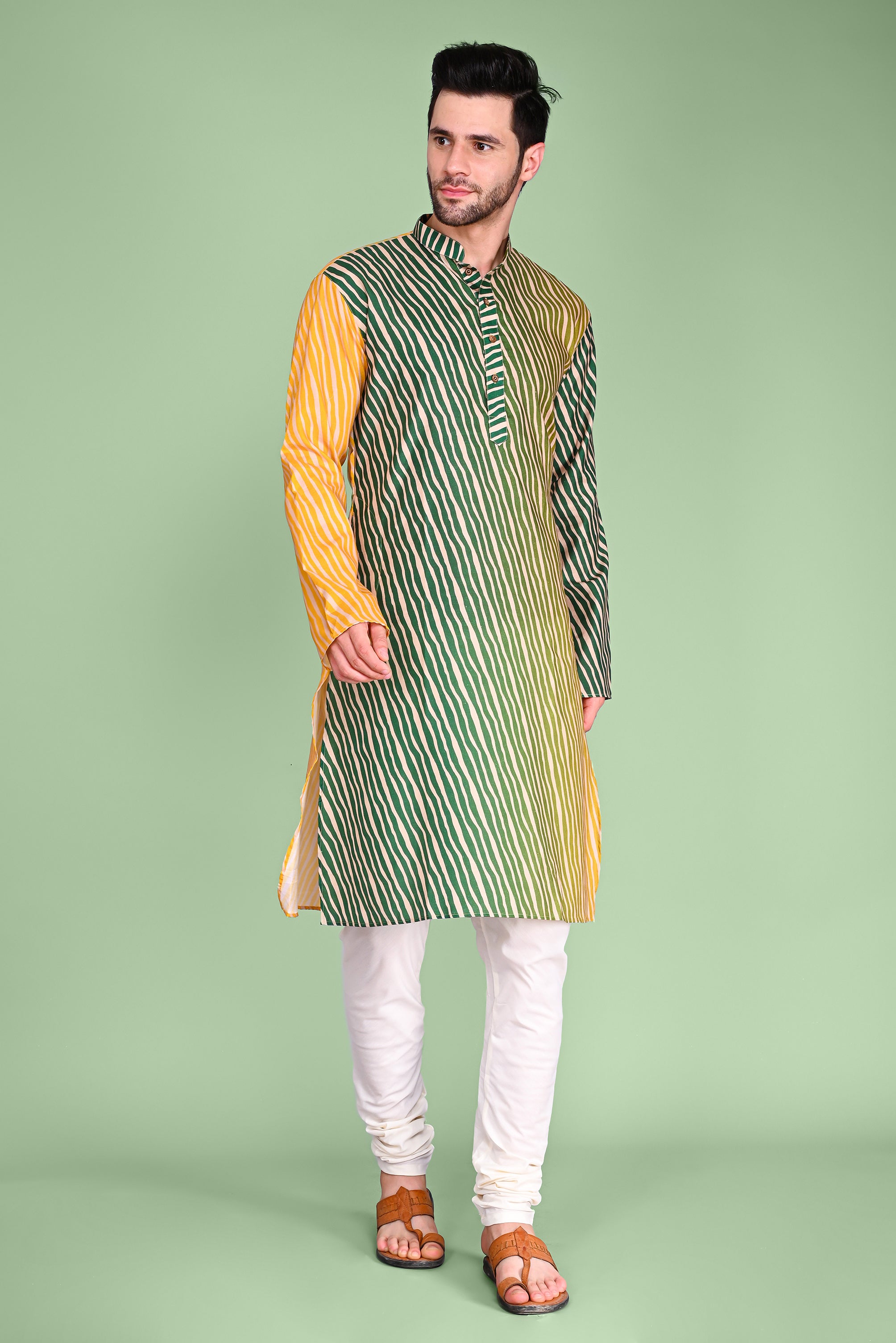 Green And Yellow Leheriya Handblock Printed Kurta And Churidar Set Vesham Retails